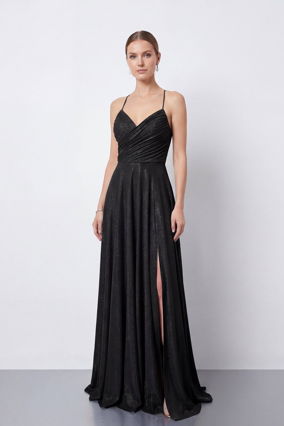 Işıltılı İp Askılı Drapeli Elbise - 2052