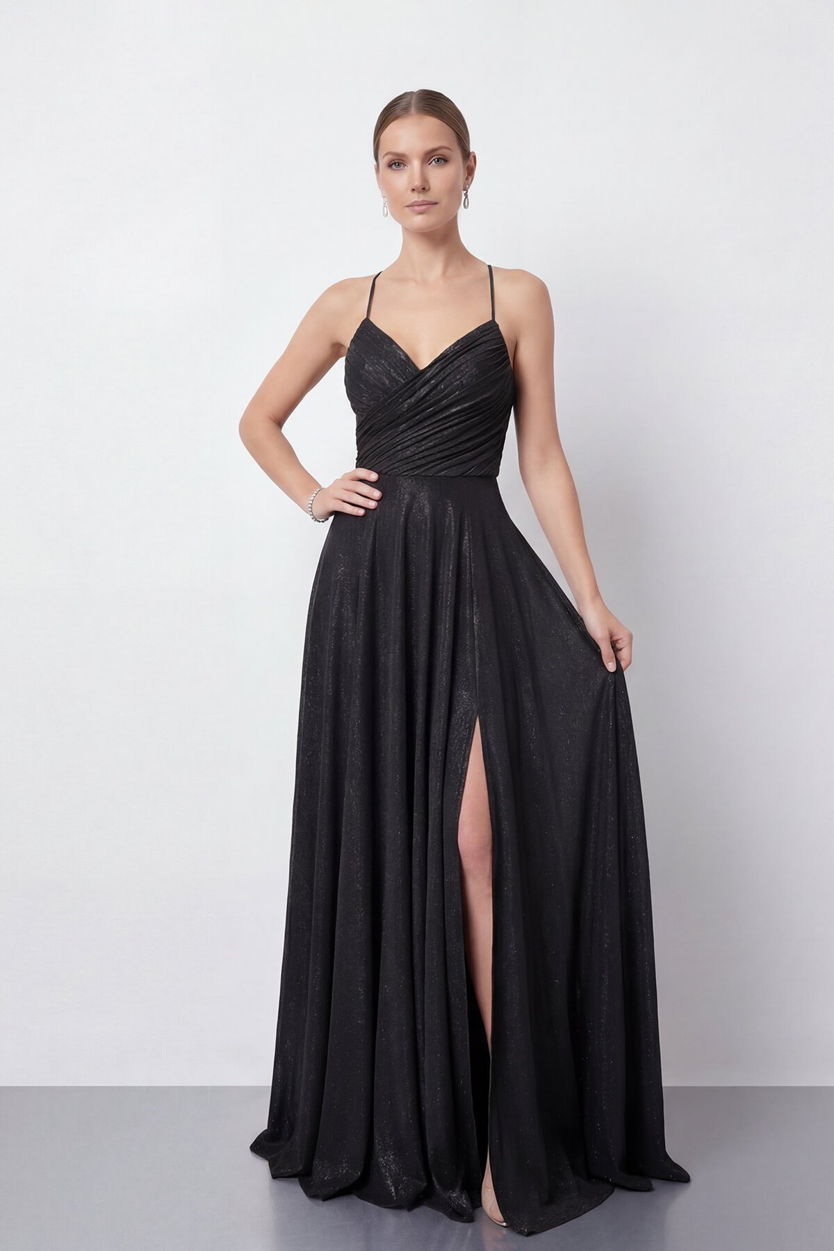 Işıltılı İp Askılı Drapeli Elbise - 2052