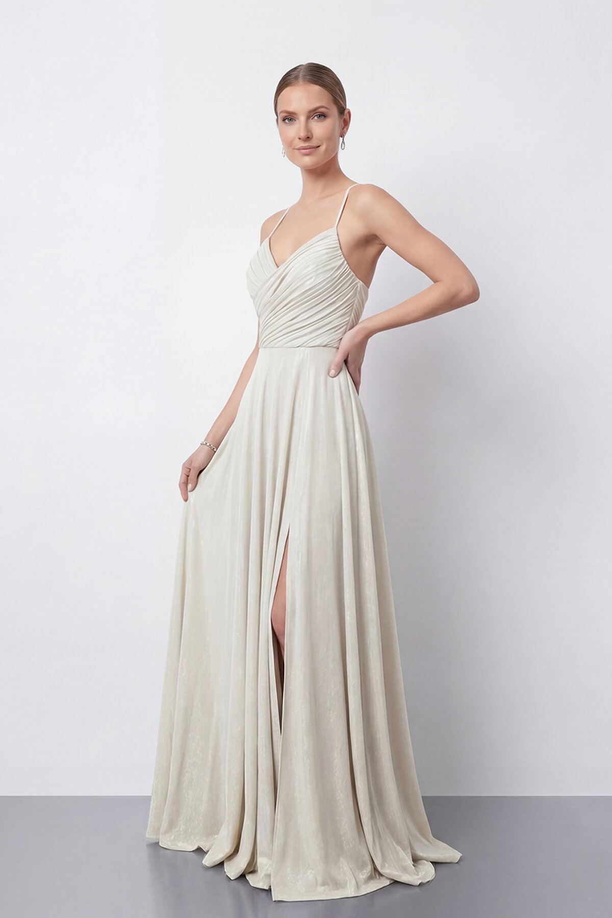 Işıltılı İp Askılı Drapeli Elbise - 2052