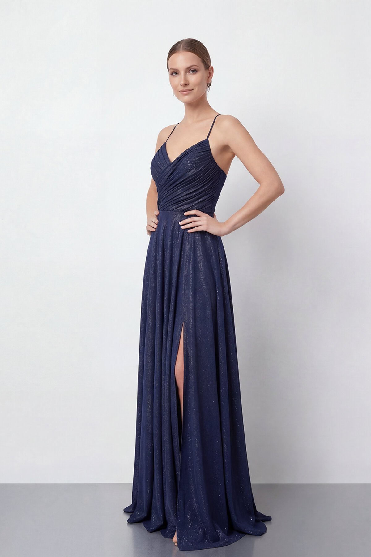 Işıltılı İp Askılı Drapeli Elbise - 2052