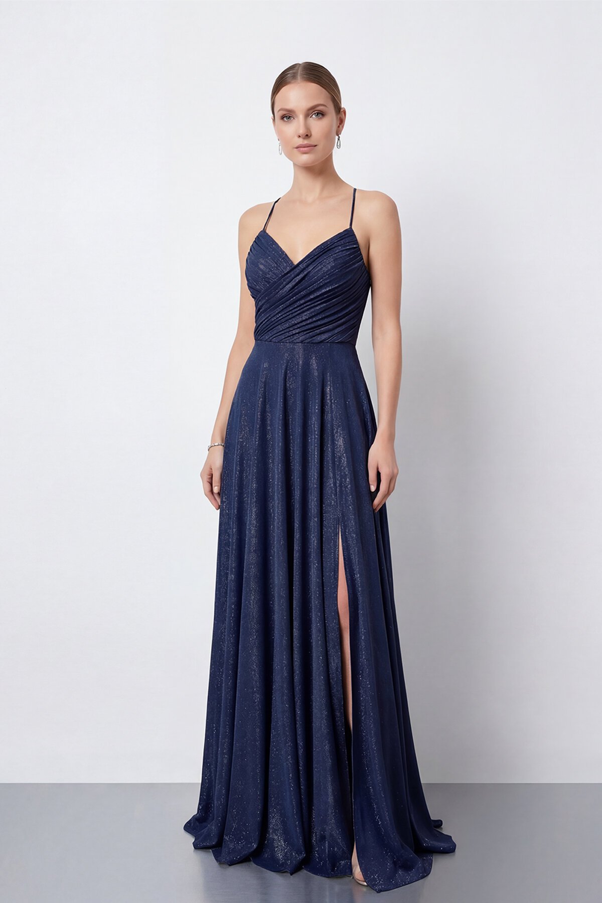 Işıltılı İp Askılı Drapeli Elbise - 2052