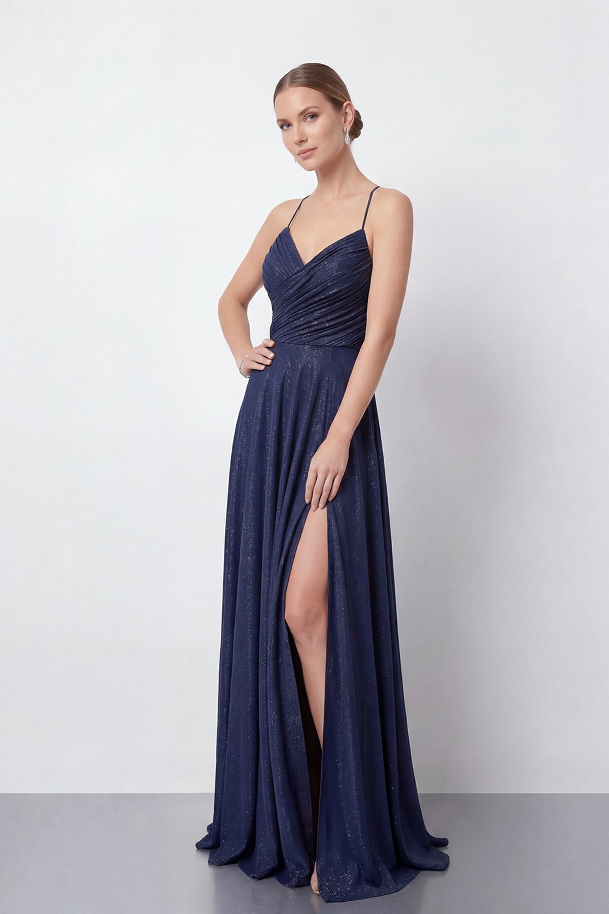 Işıltılı İp Askılı Drapeli Elbise - 2052