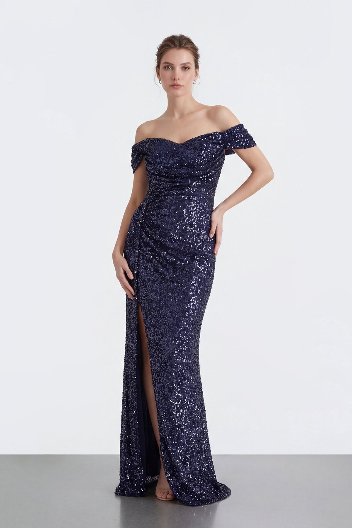 Işıltılı Payet Omzu Açık Drapeli Yırtmaçlı Abiye - 2134