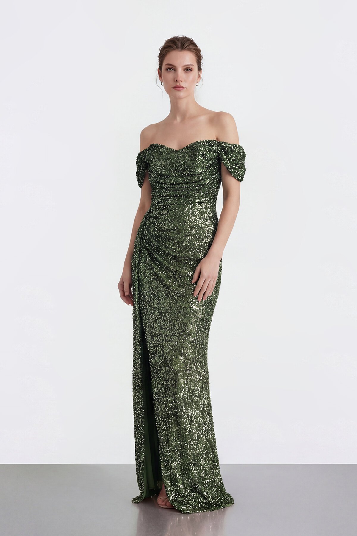 Işıltılı Payet Omzu Açık Drapeli Yırtmaçlı Abiye - 2134