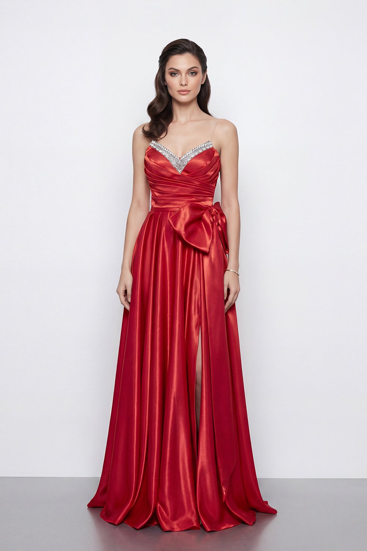 Işıltılı Yaka ve Fiyonk Detaylı Elbise - 2065