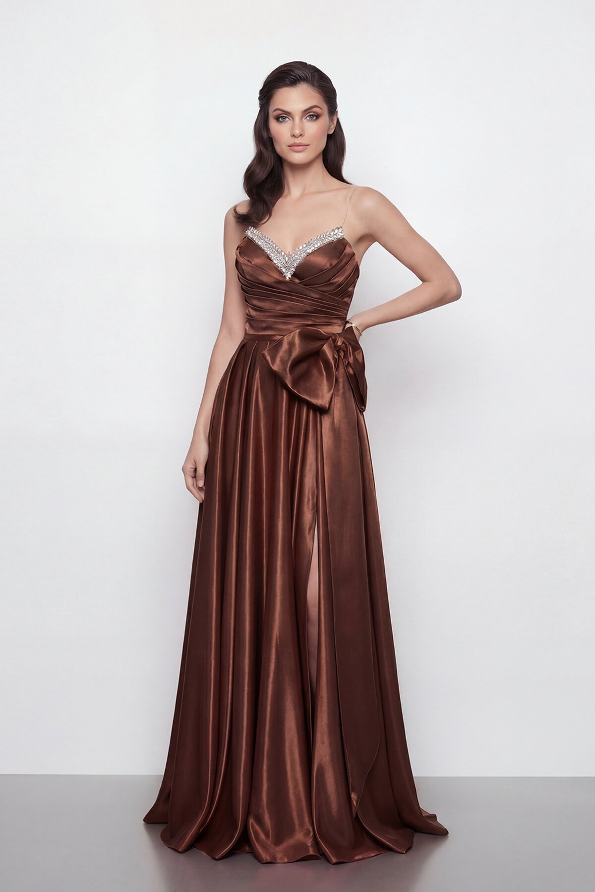 Işıltılı Yaka ve Fiyonk Detaylı Elbise - 2065