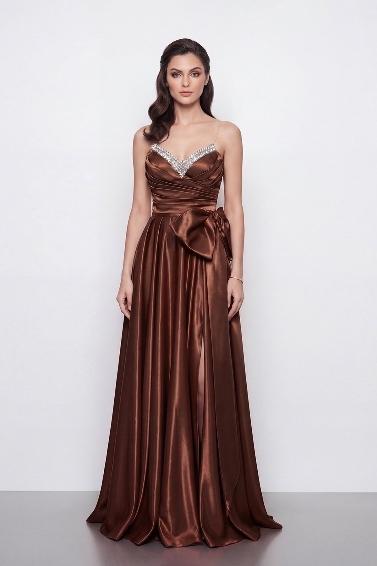 Işıltılı Yaka ve Fiyonk Detaylı Elbise - 2065