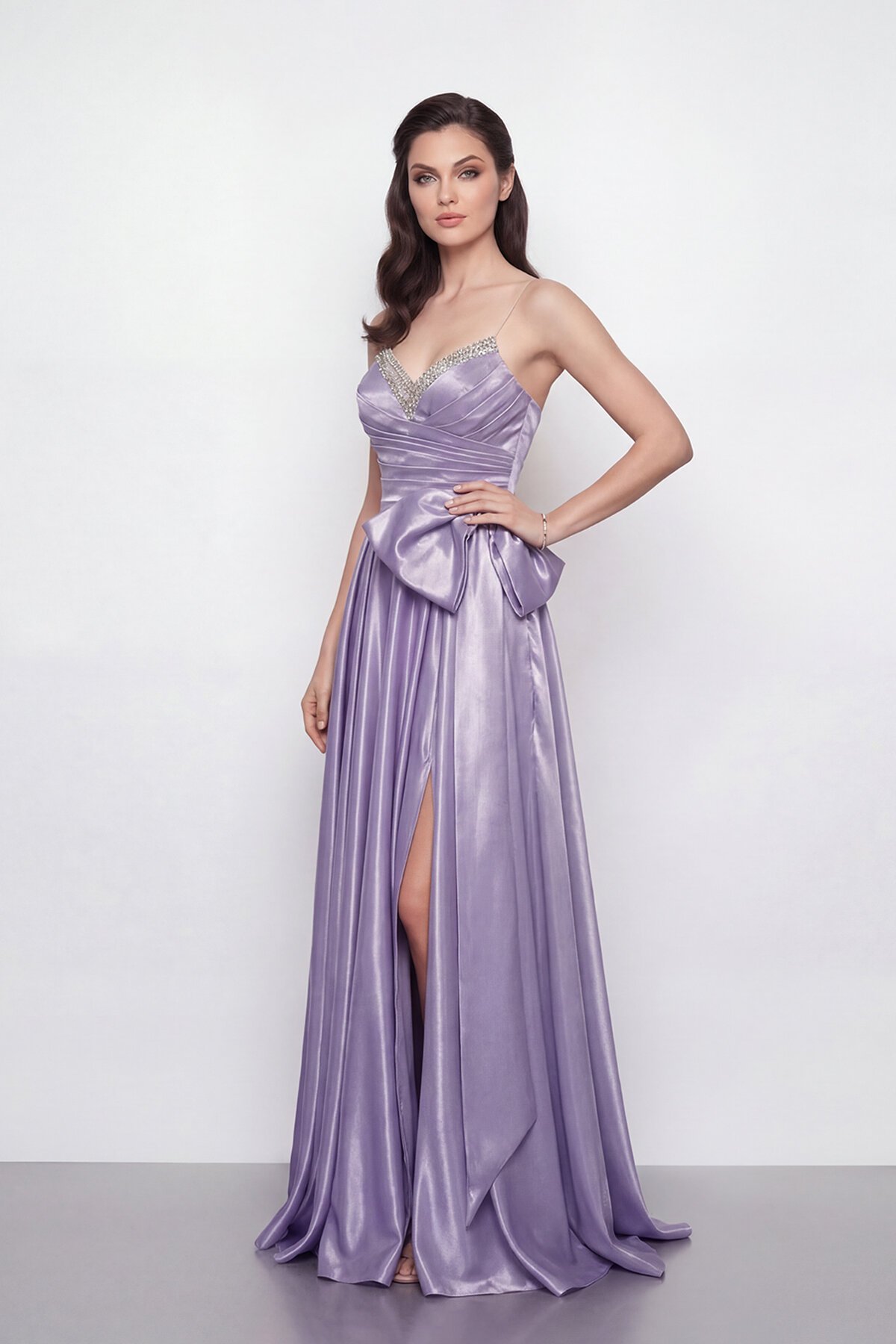 Işıltılı Yaka ve Fiyonk Detaylı Elbise - 2065