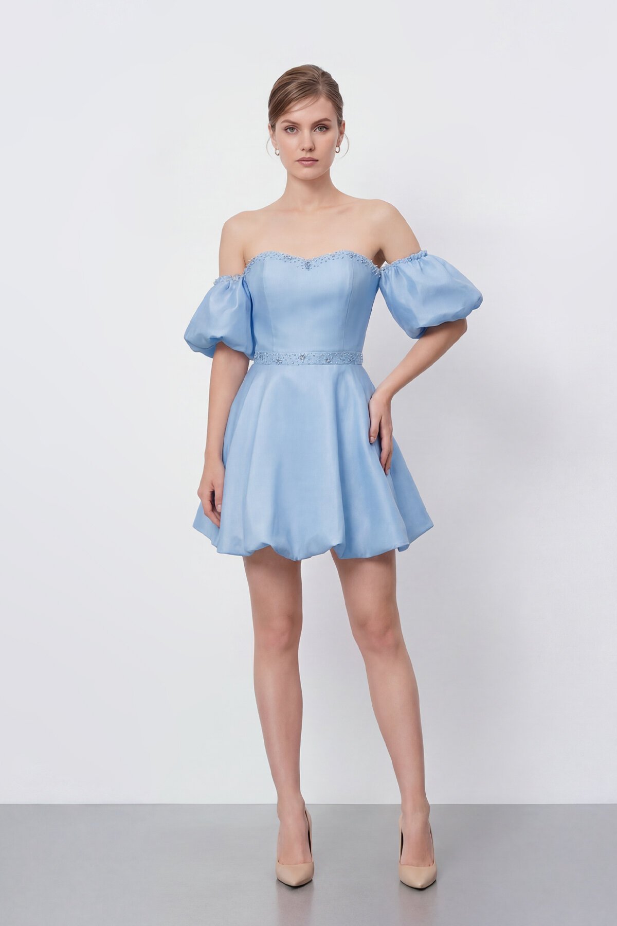 İşlemeli Balon Kollu Mini Elbise - 2035