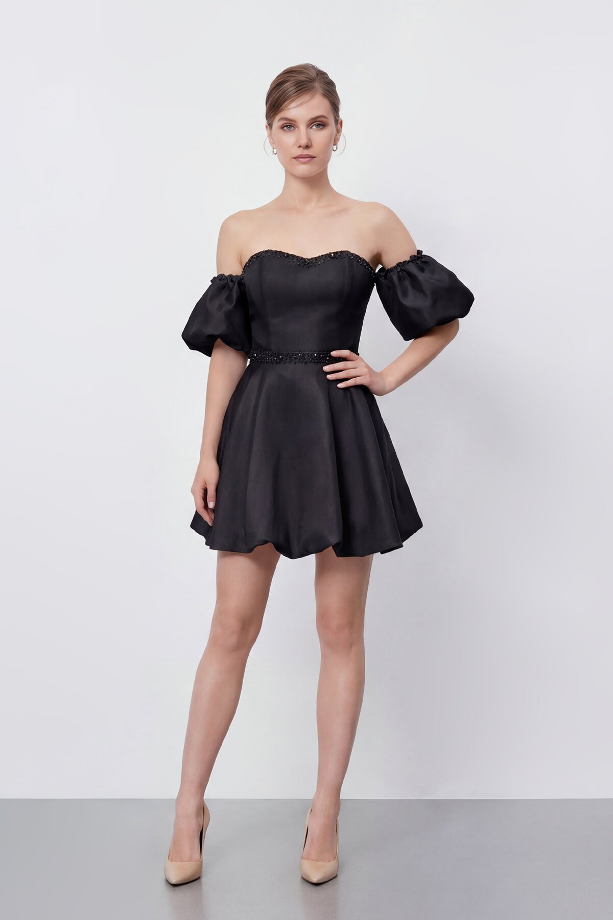 İşlemeli Balon Kollu Mini Elbise - 2035