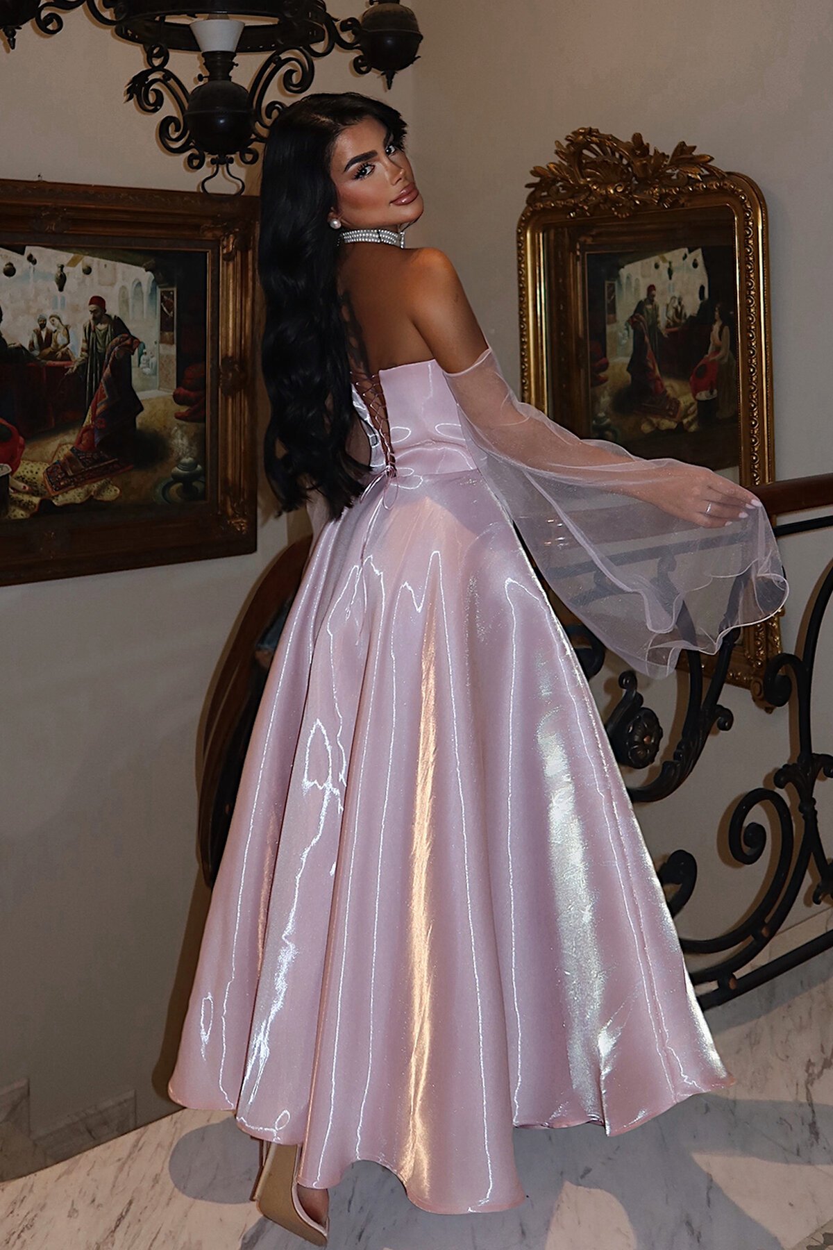 Kalp Yaka Tül Detaylı Elbise - 1818