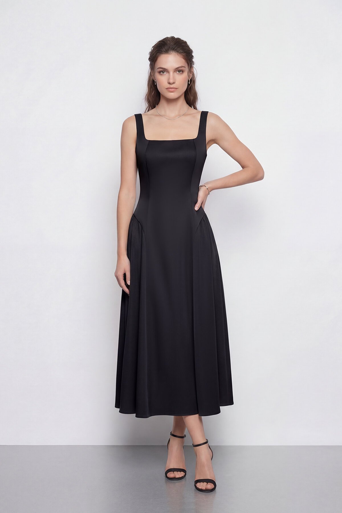 Kare Yaka A Kesim Midi Elbise - 2082