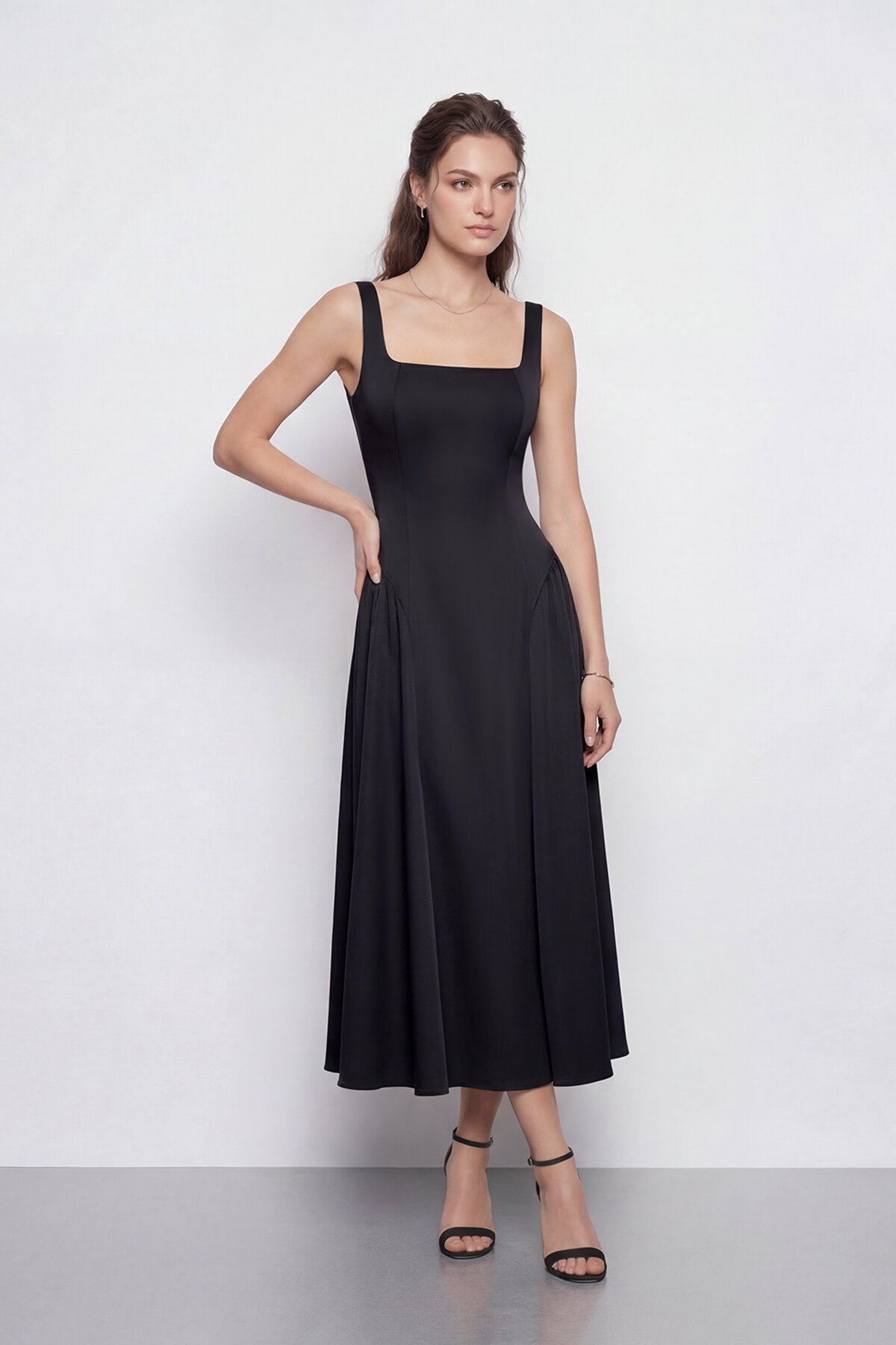 Kare Yaka A Kesim Midi Elbise - 2082