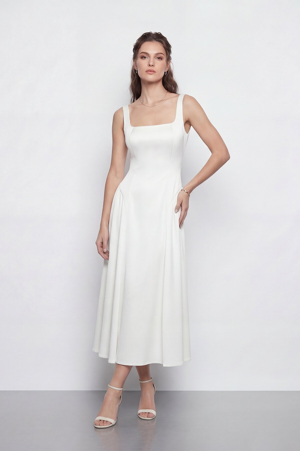 Kare Yaka A Kesim Midi Elbise - 2082