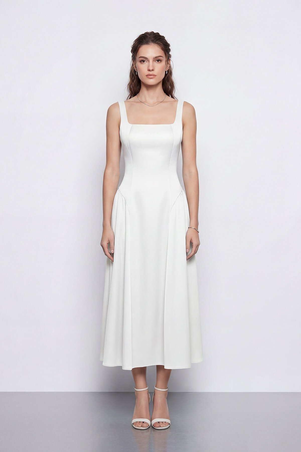 Kare Yaka A Kesim Midi Elbise - 2082