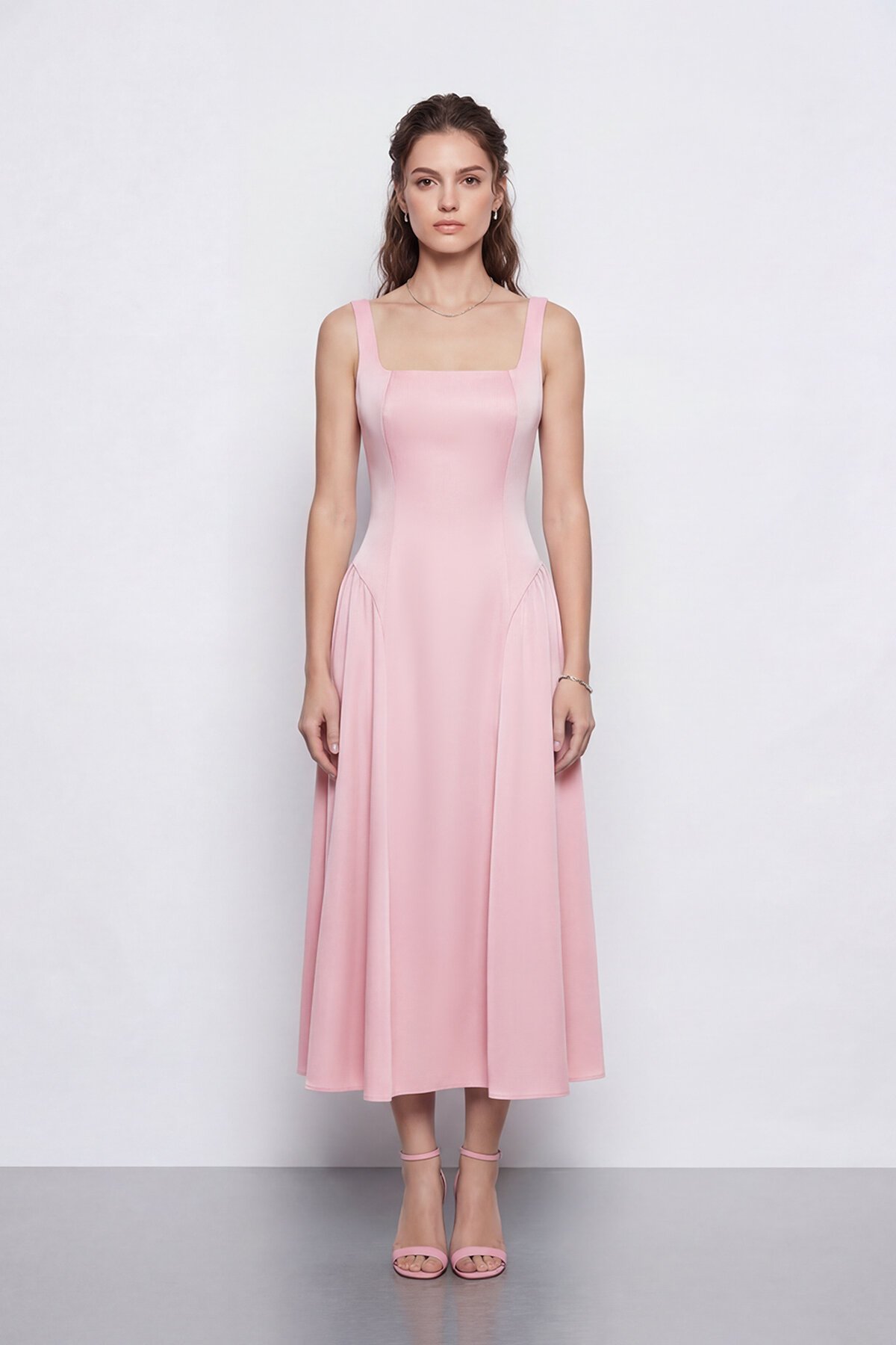 Kare Yaka A Kesim Midi Elbise - 2082