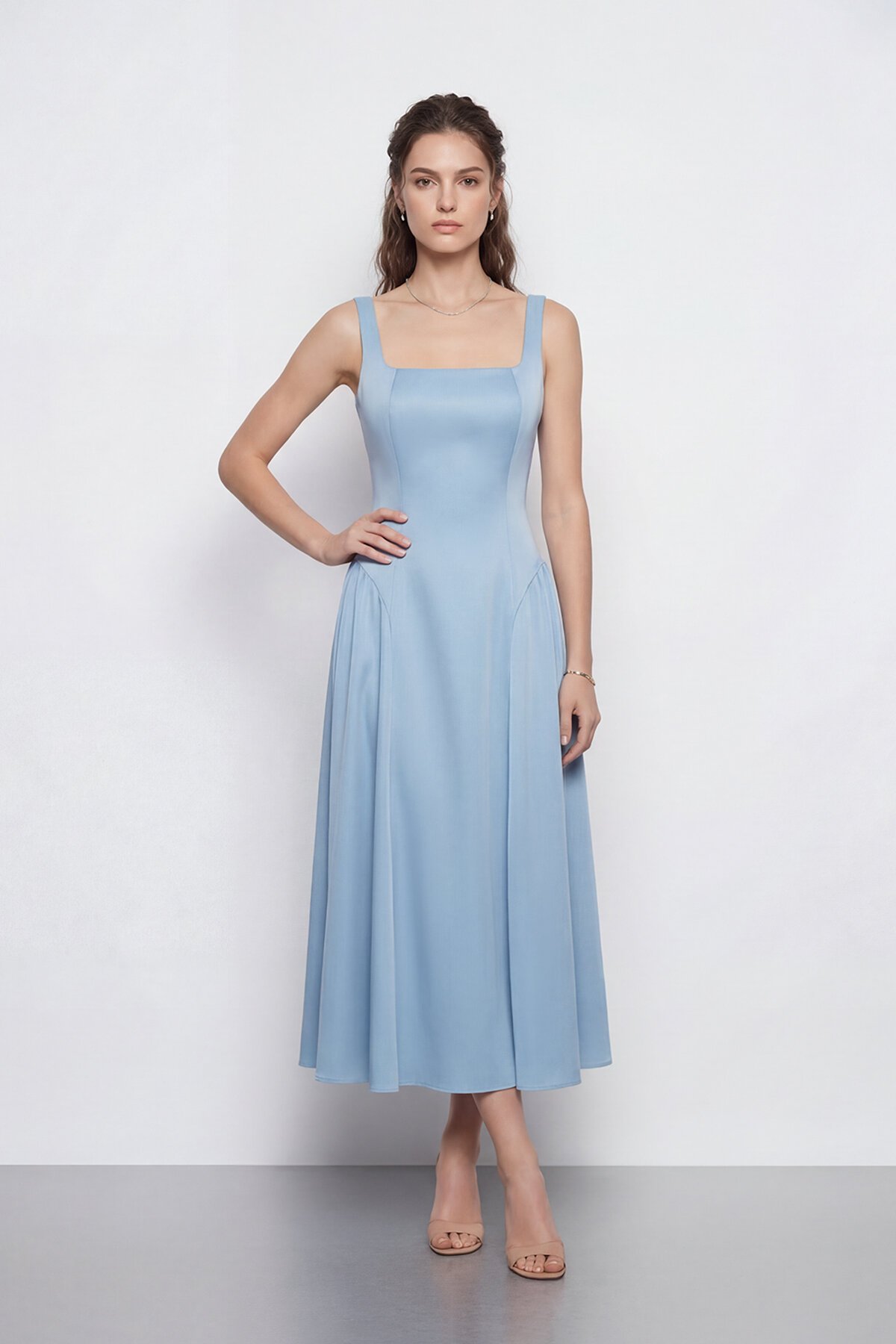 Kare Yaka A Kesim Midi Elbise - 2082