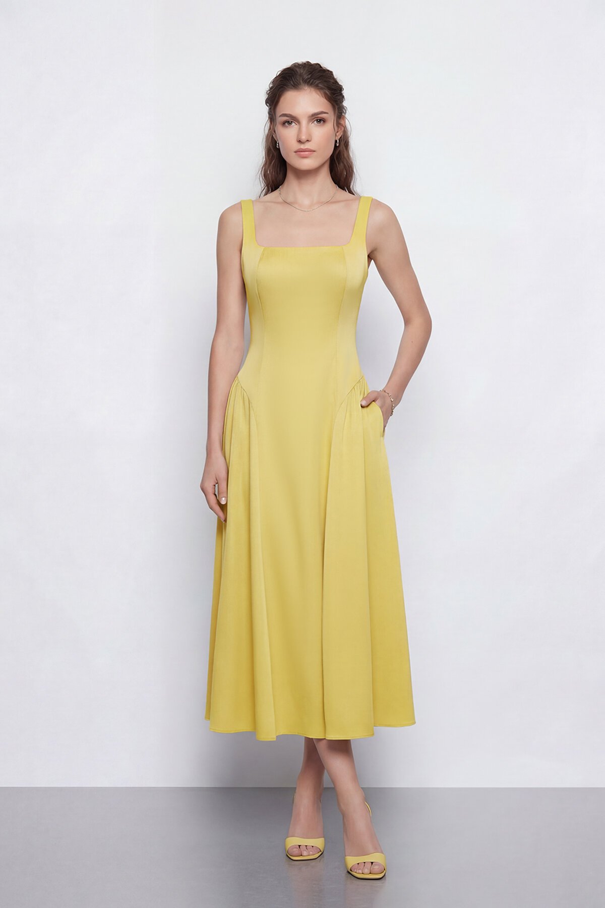 Kare Yaka A Kesim Midi Elbise - 2082