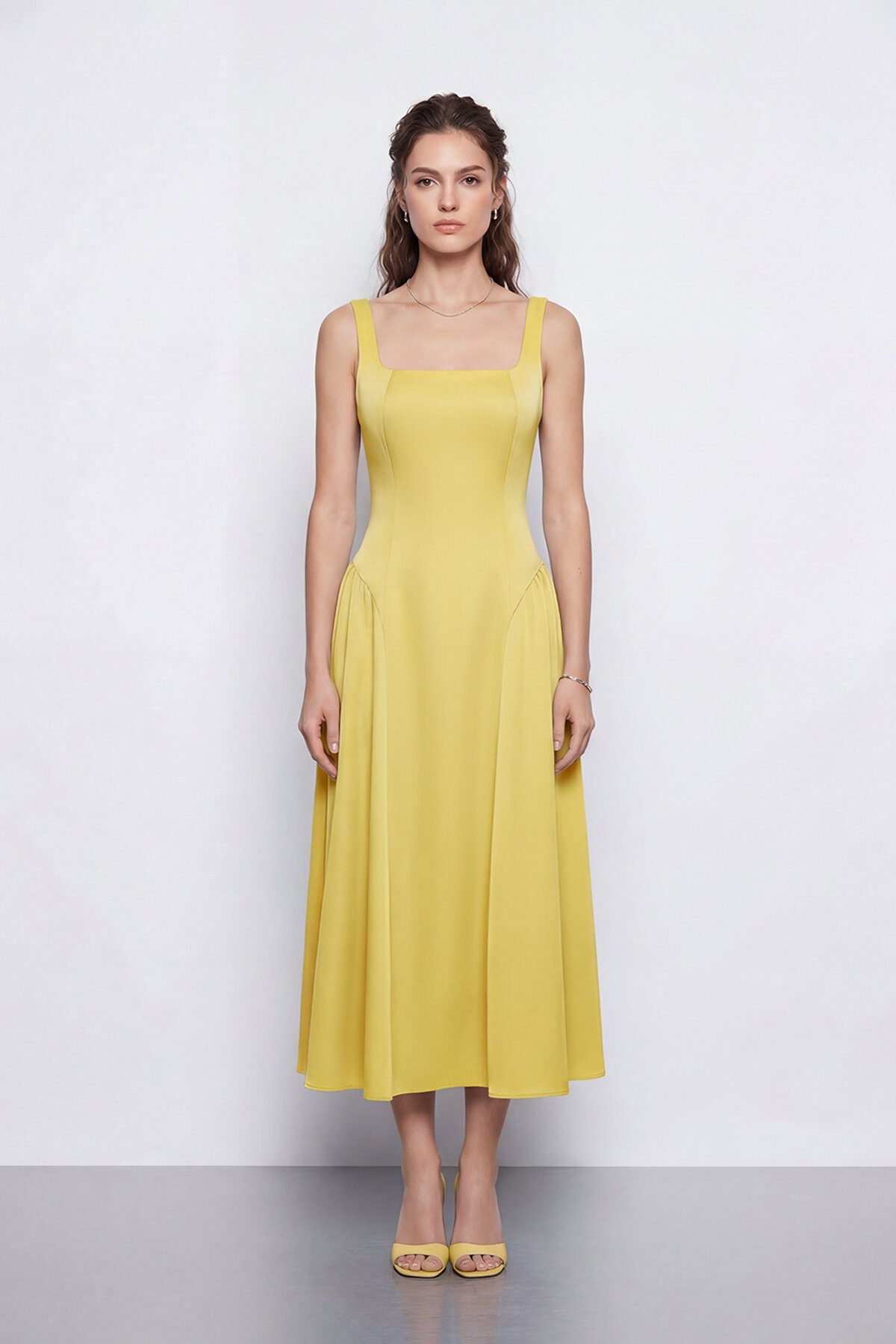 Kare Yaka A Kesim Midi Elbise - 2082