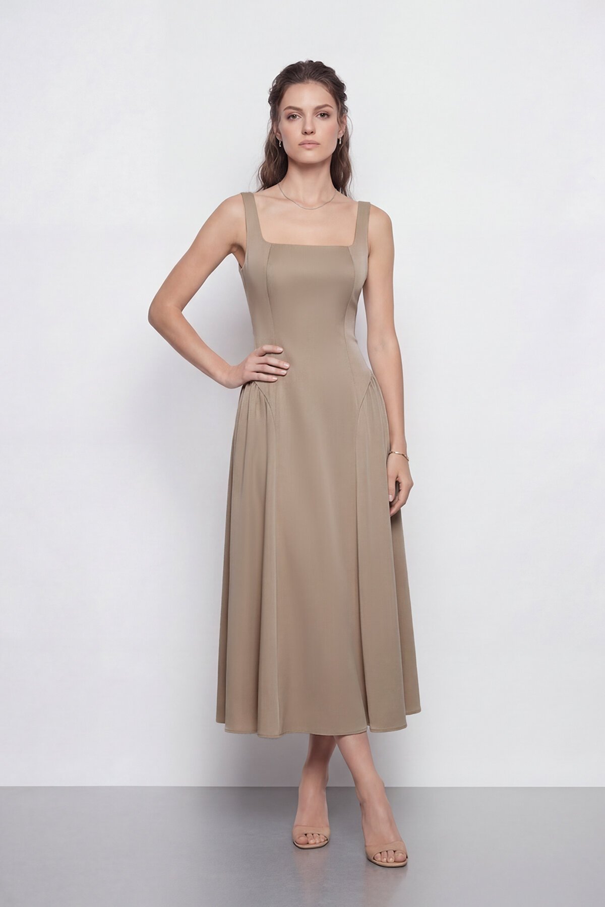 Kare Yaka A Kesim Midi Elbise - 2082