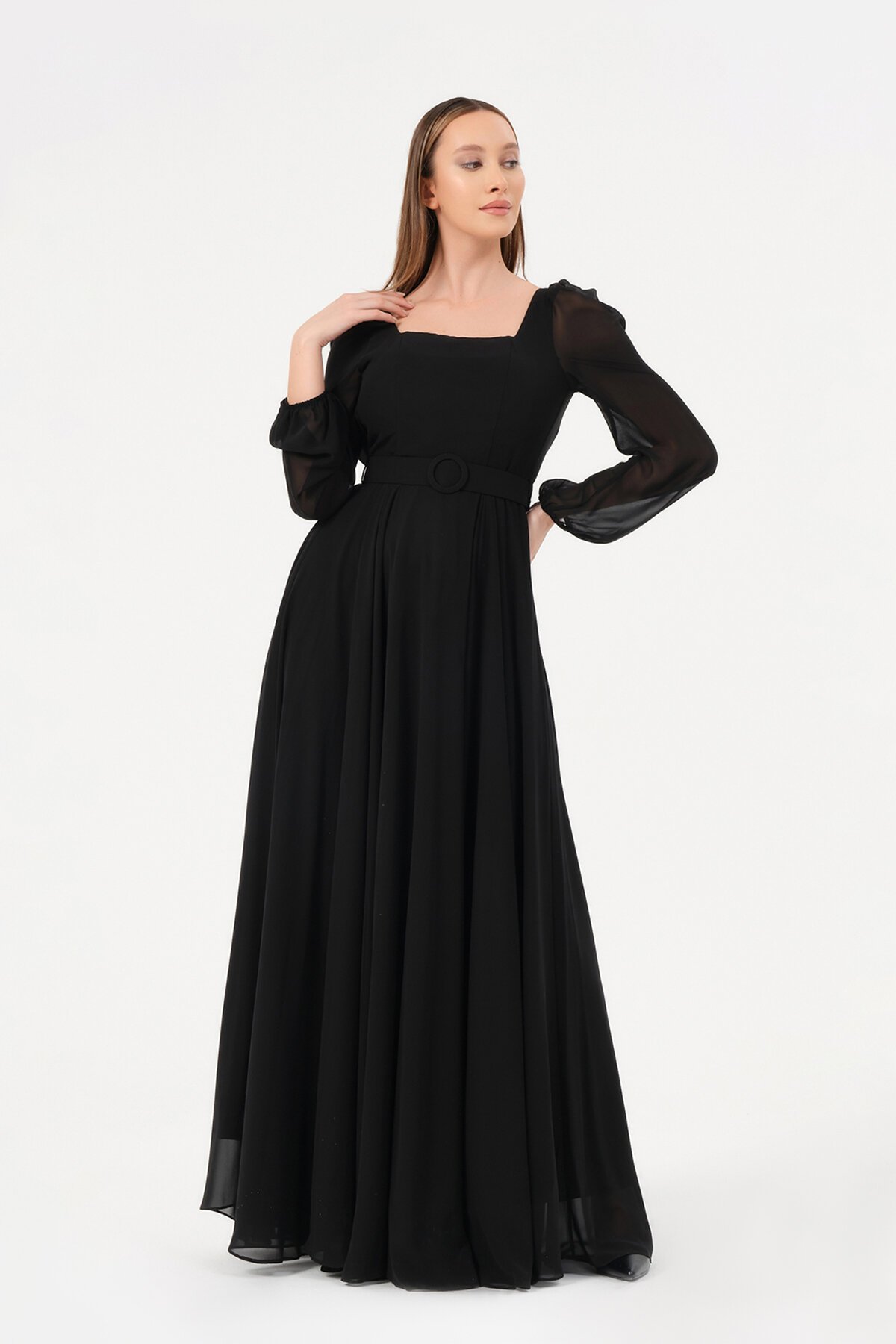 Kare Yaka Kemer Detaylı Elbise - 1555