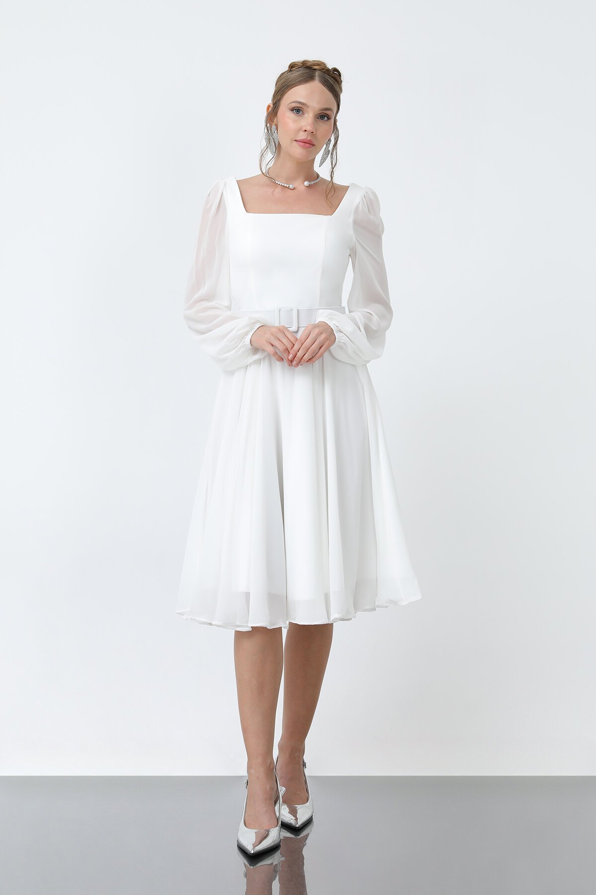 Kare Yaka Kemerli Şifon Elbise - 1916