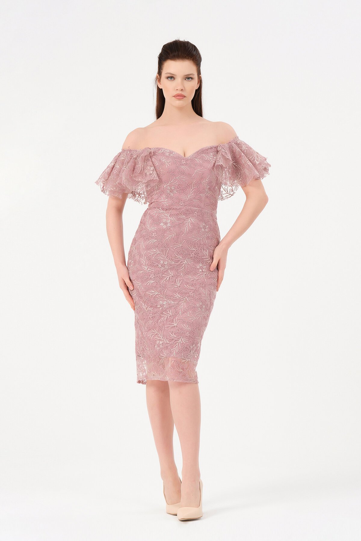 Kayık Yaka Dantelli Midi Elbise - 1586