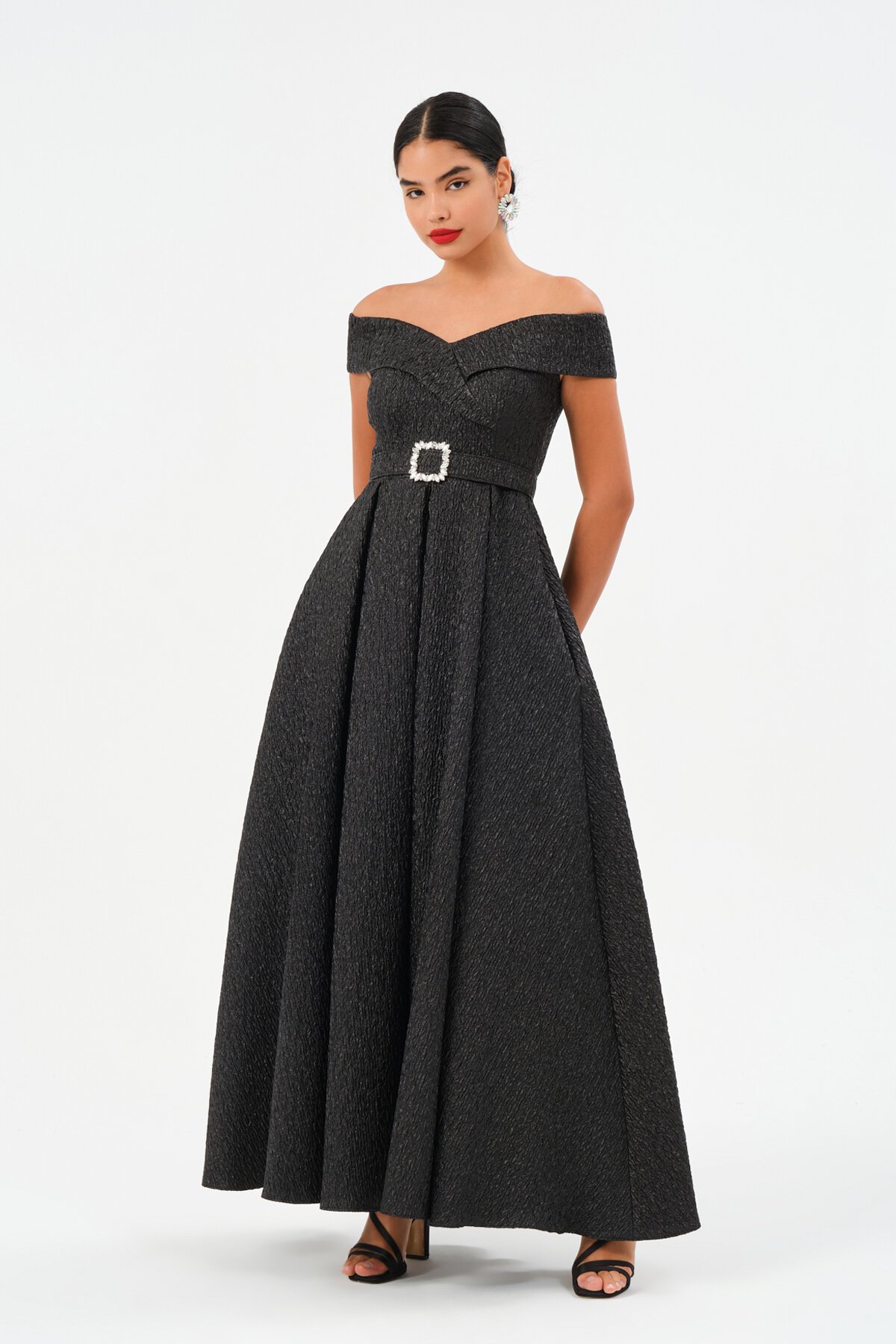 Kayık Yaka Kemer Detaylı Elbise - 1549