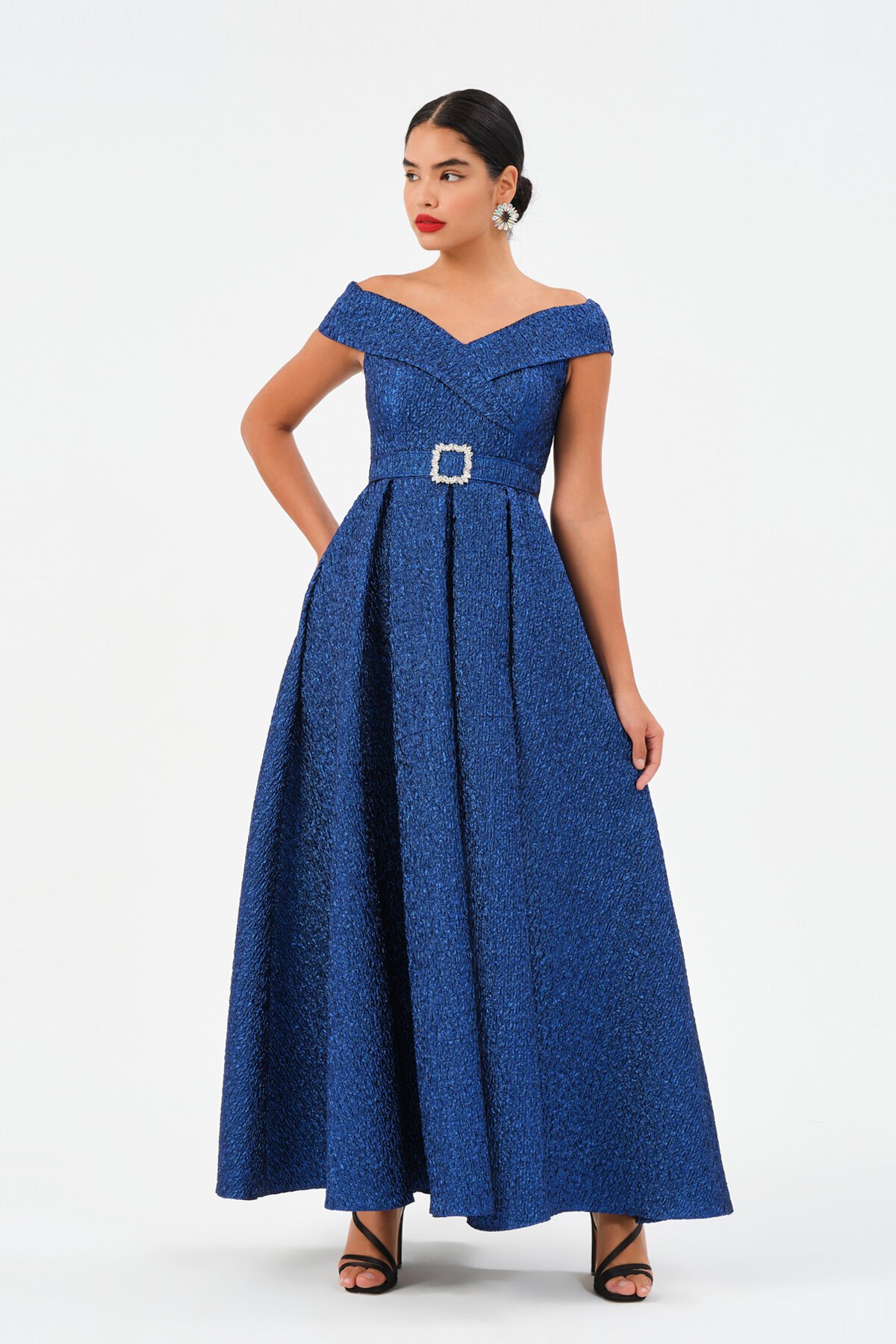 Kayık Yaka Kemer Detaylı Elbise - 1549