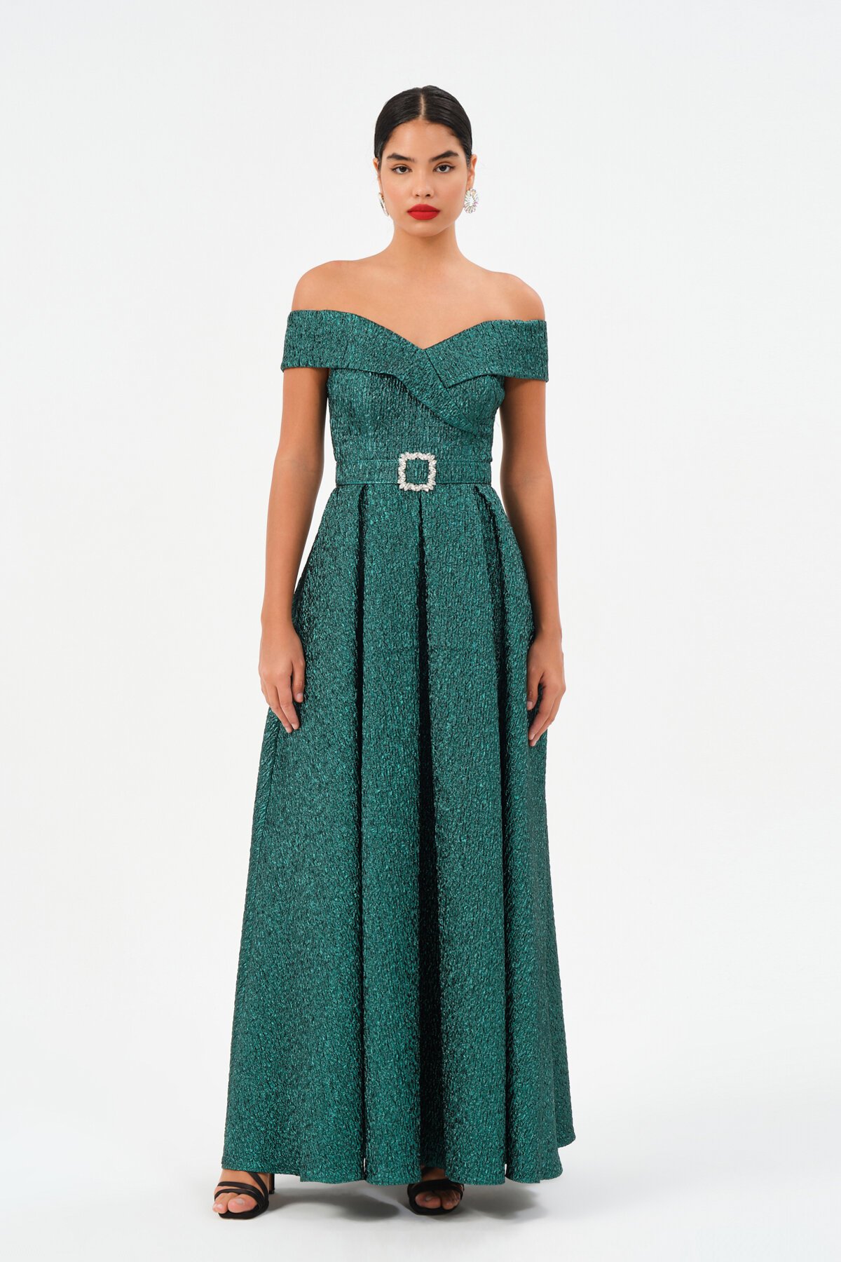 Kayık Yaka Kemer Detaylı Elbise - 1549