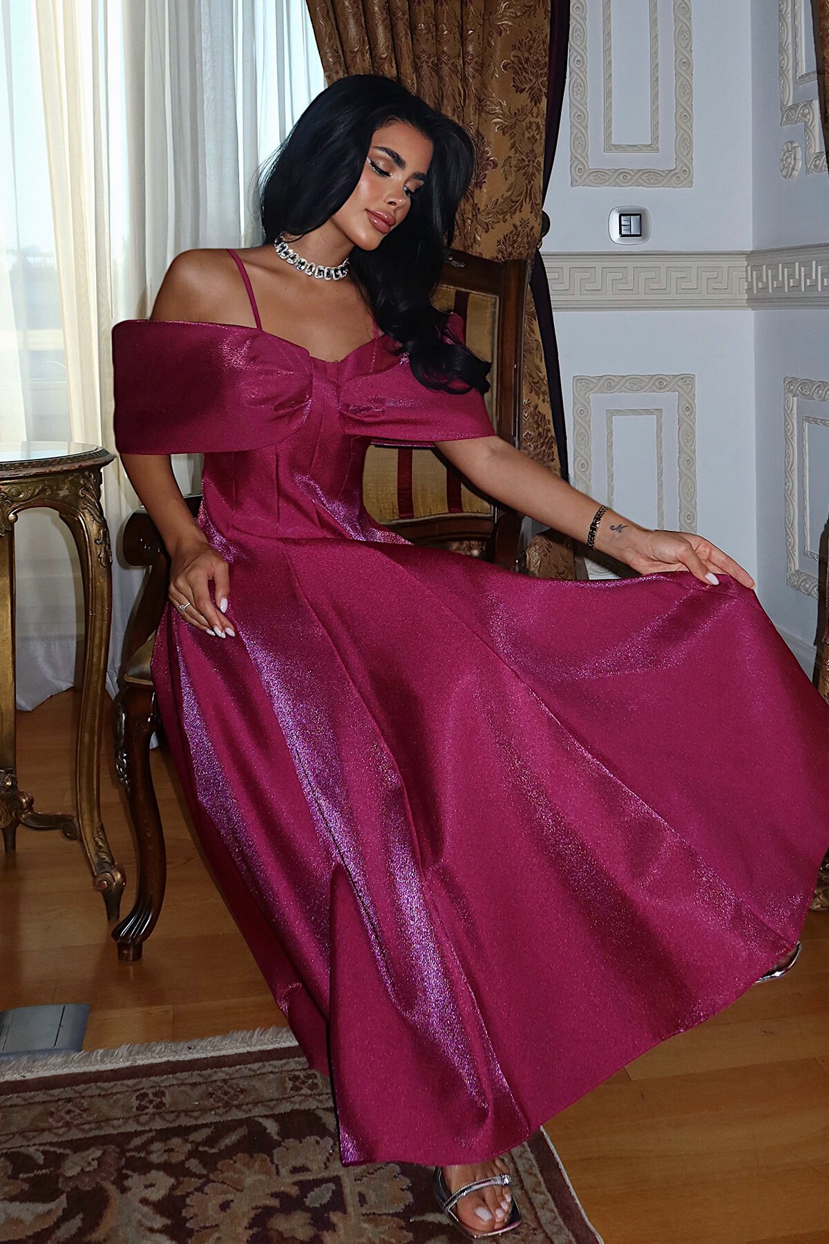 Kayık Yaka Midi Elbise - 1584