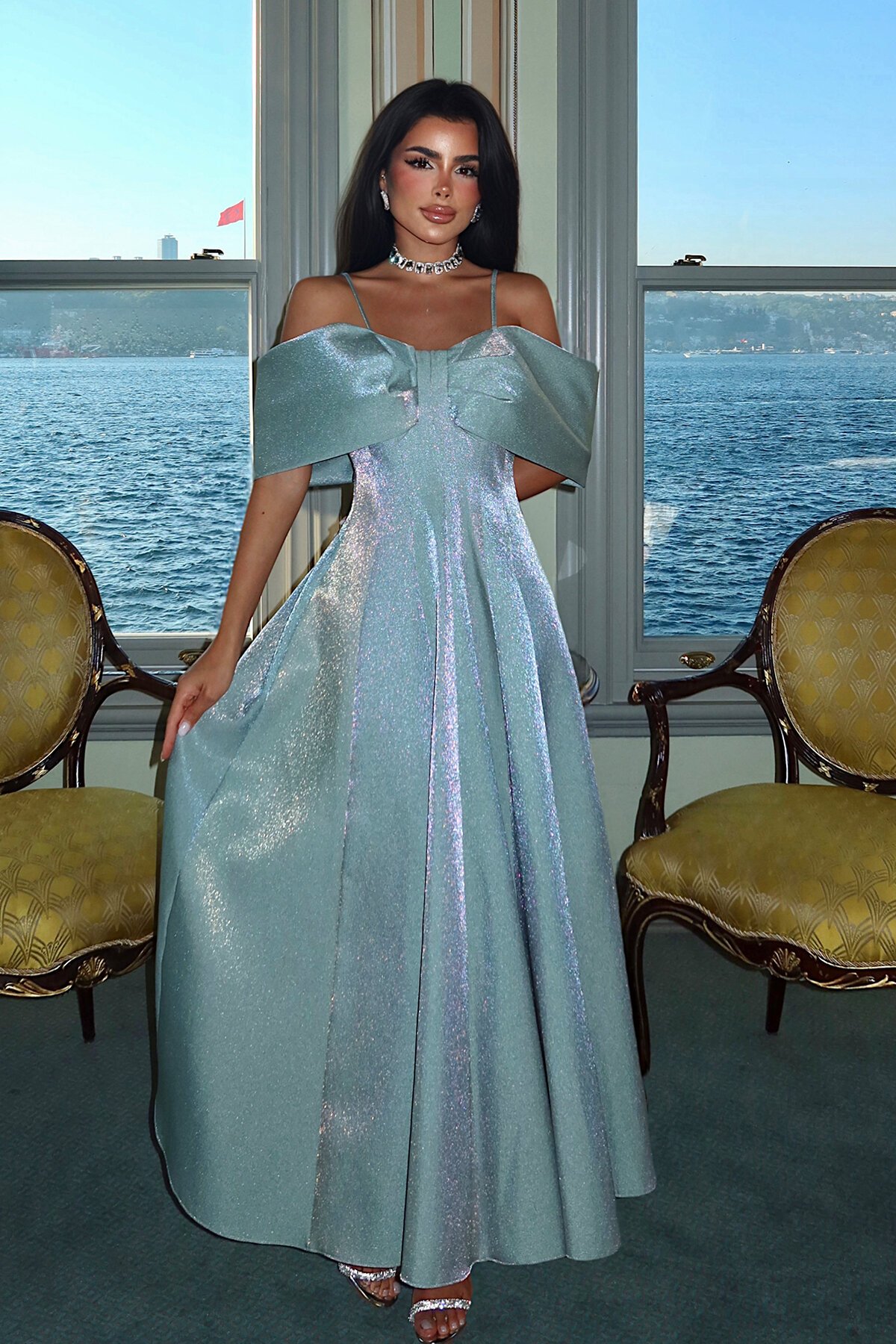 Kayık Yaka Midi Elbise - 1584