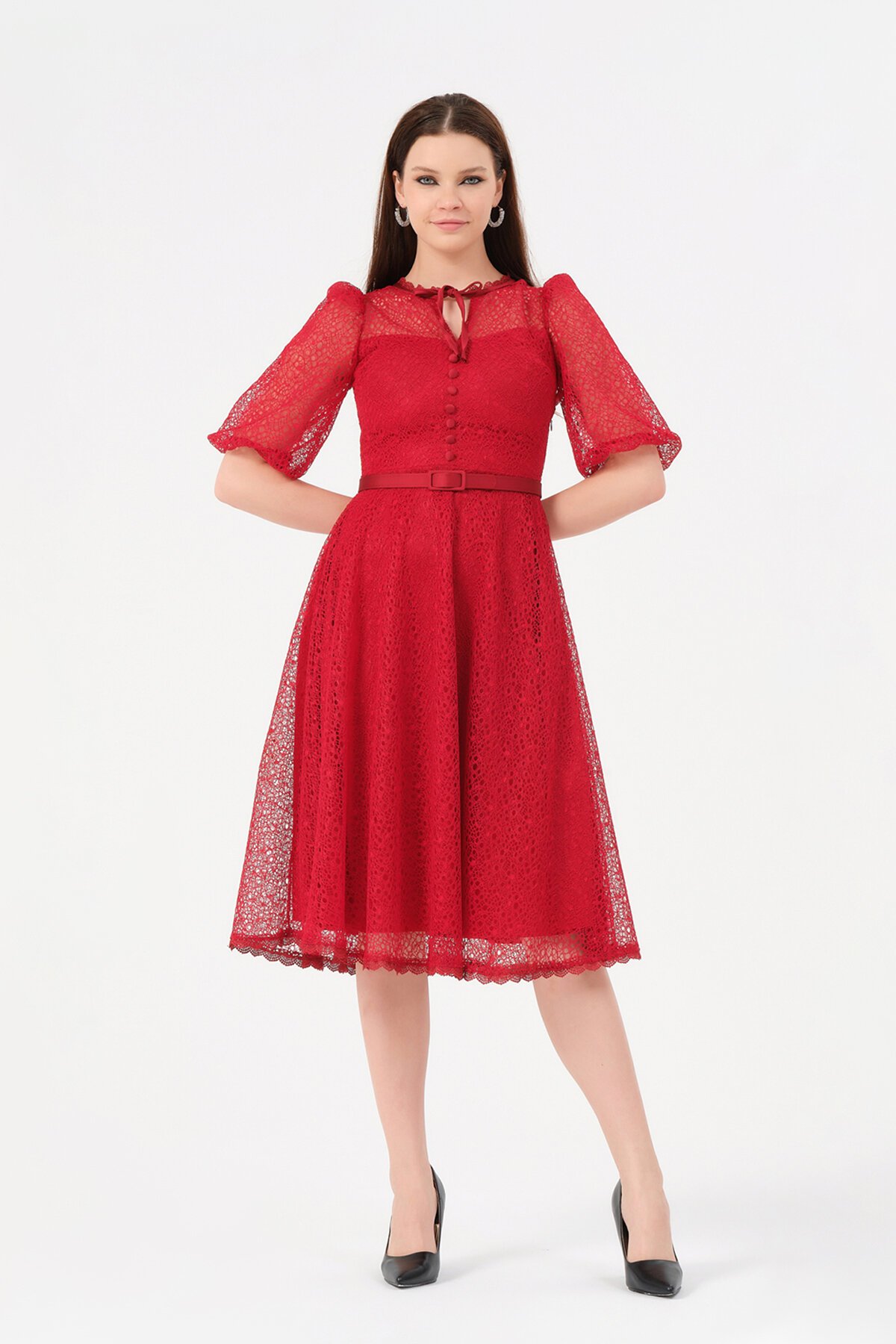 Kemer Detaylı Dantelli Midi Elbise - 1076