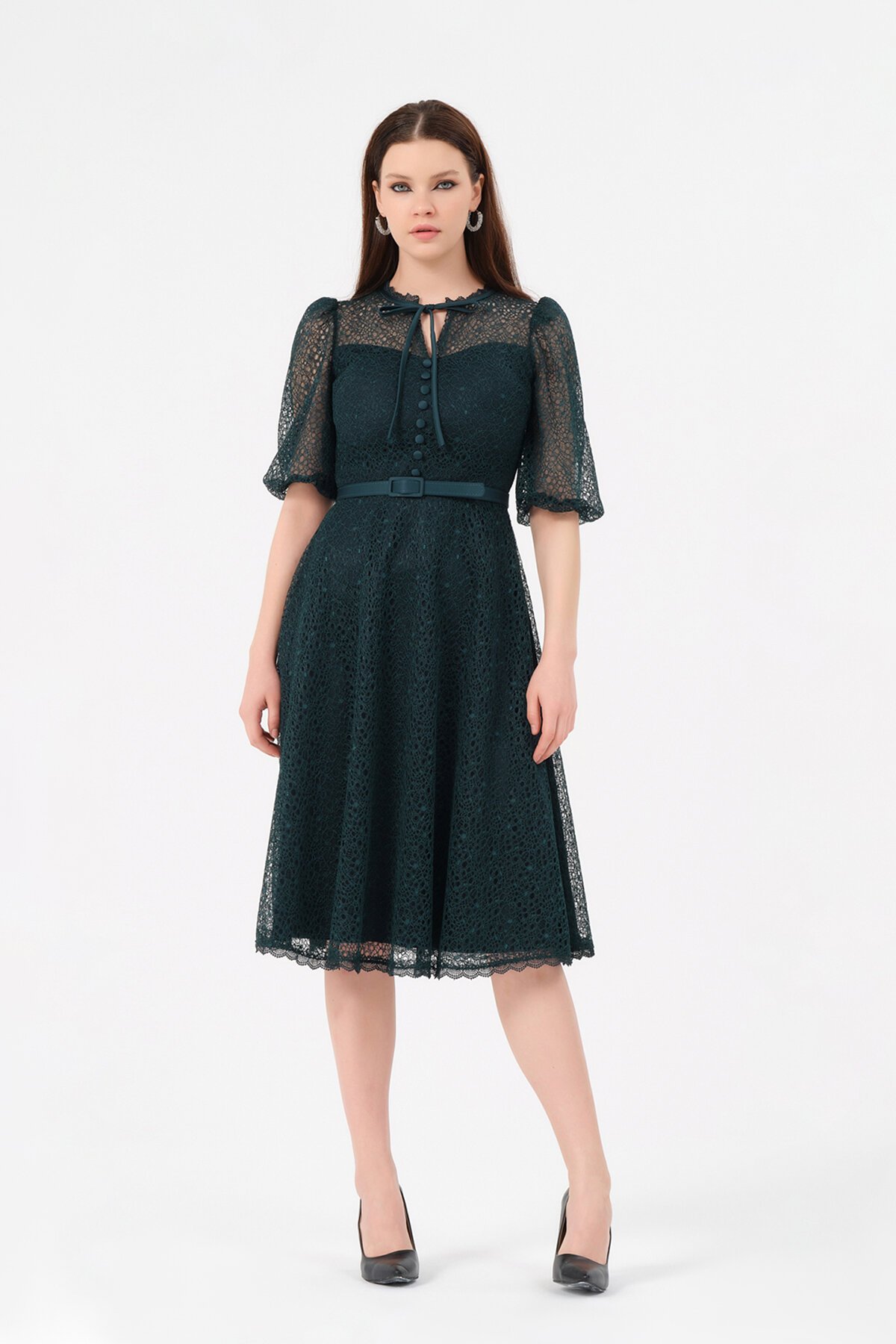 Kemer Detaylı Dantelli Midi Elbise - 1076