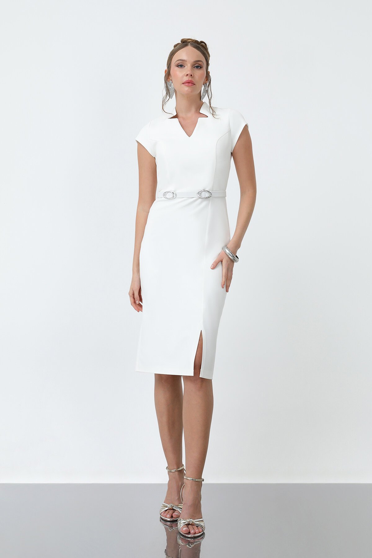 Kısa Kol Kemer Detaylı Elbise - 1913