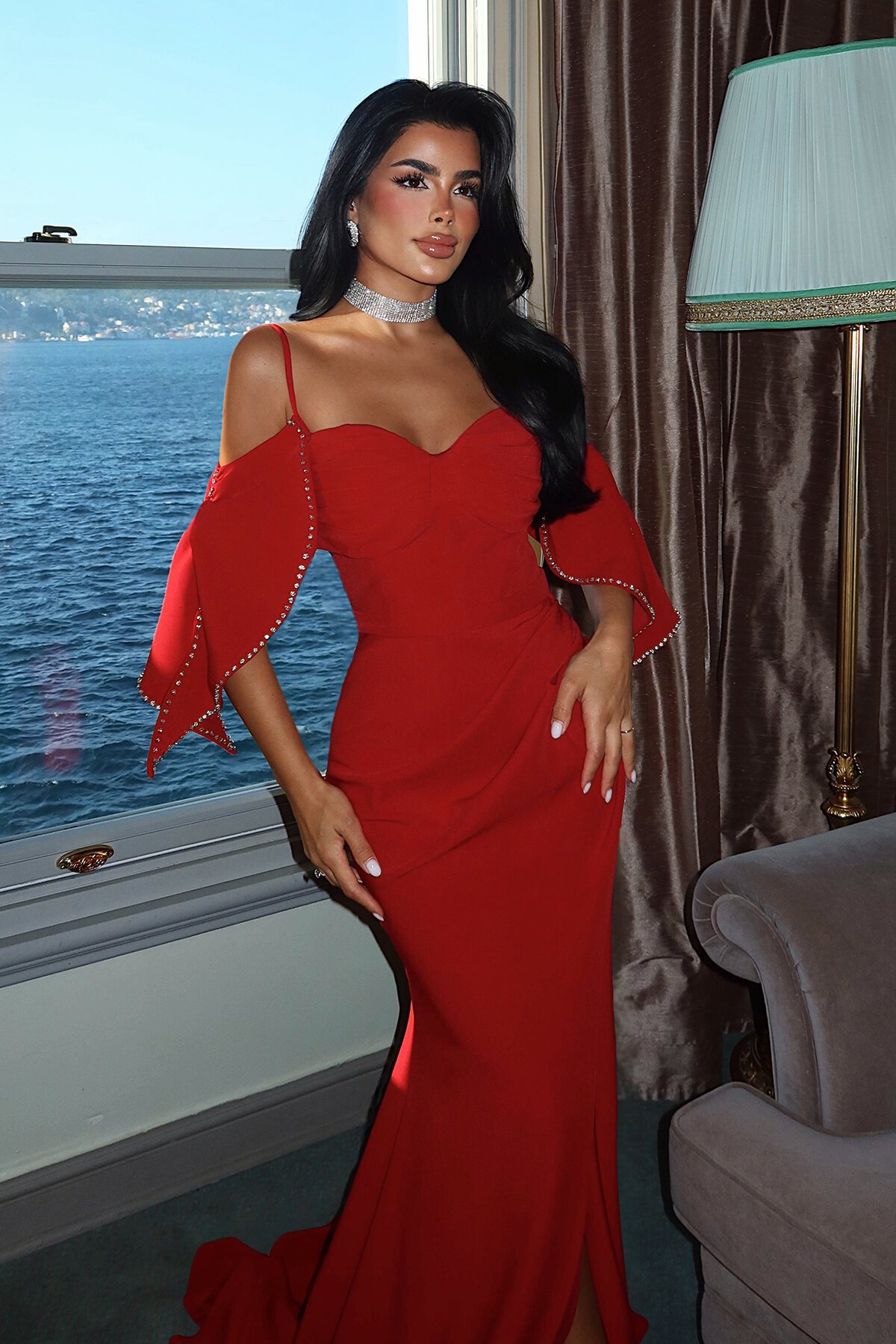 Kol Detaylı Askılı Yırtmaçlı Elbise - 1532