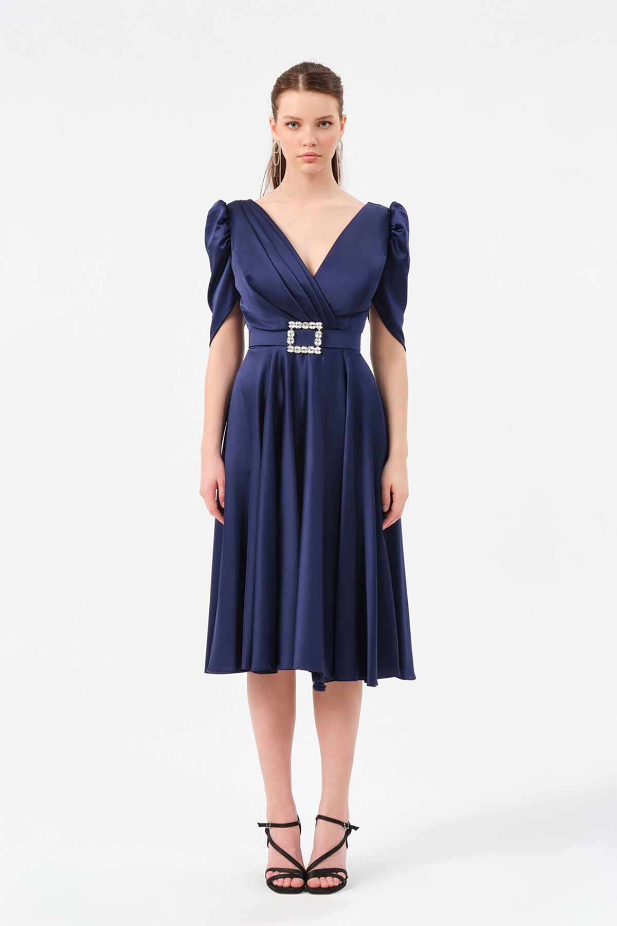 Kol Detaylı Kruvaze Yaka Midi Elbise - 1520