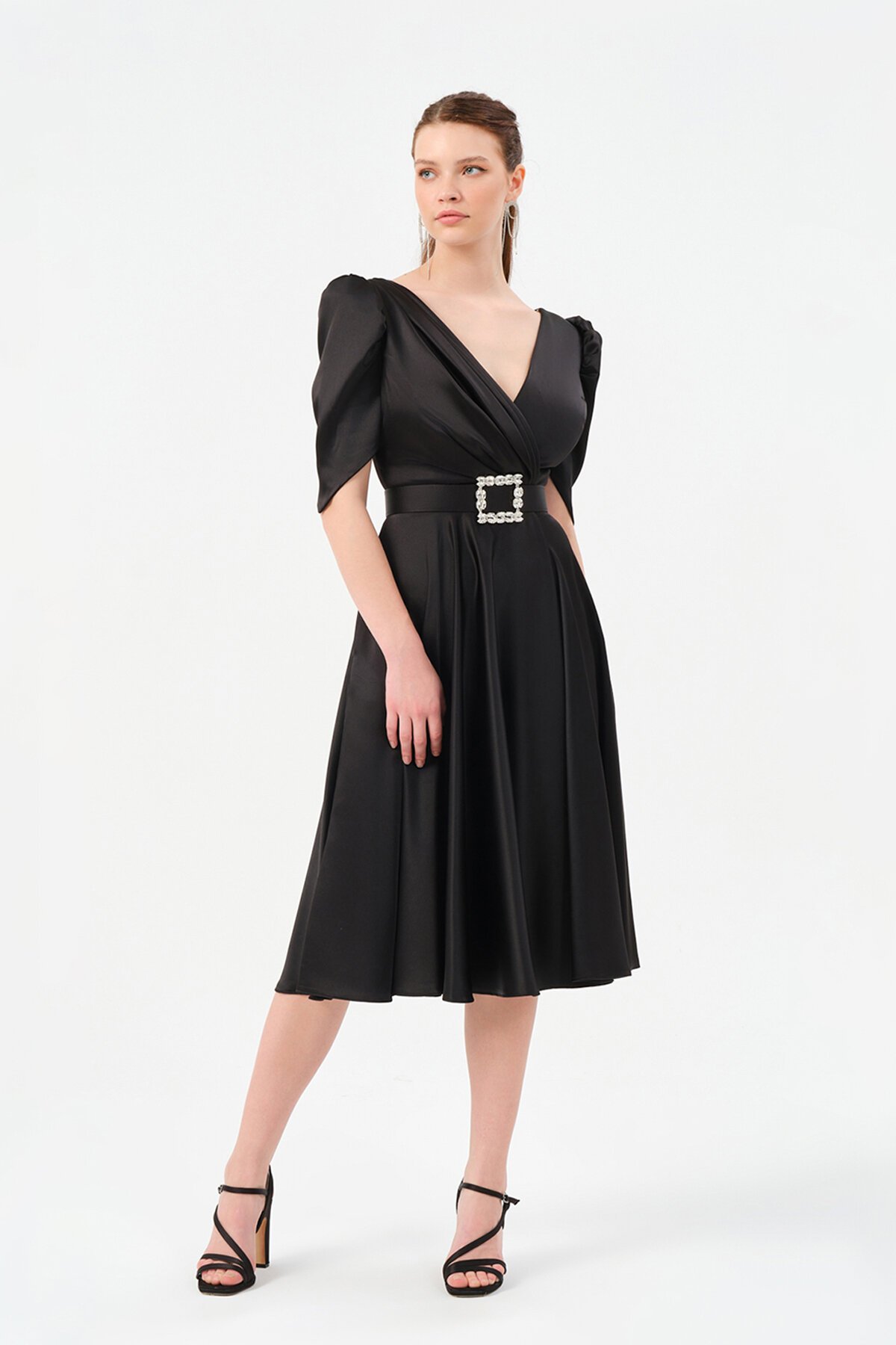 Kol Detaylı Kruvaze Yaka Midi Elbise - 1520