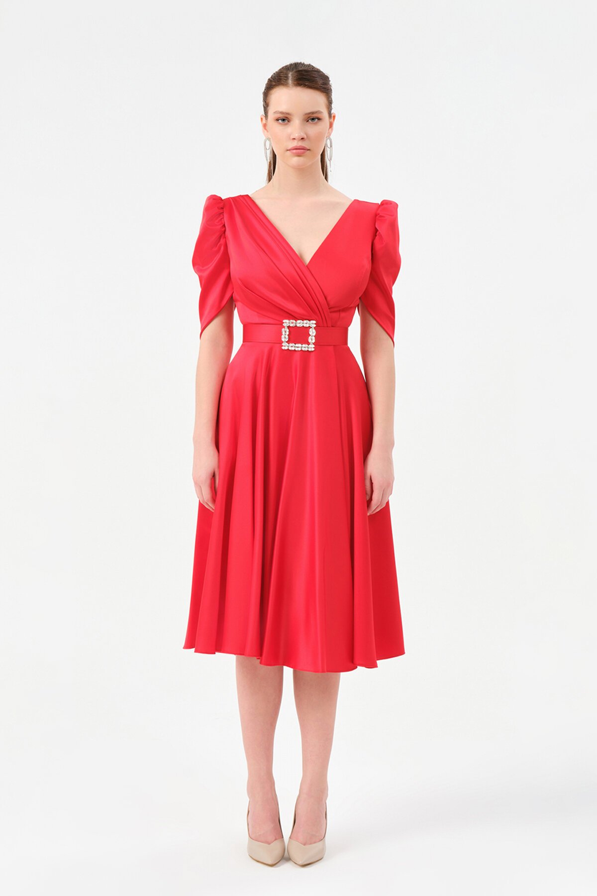 Kol Detaylı Kruvaze Yaka Midi Elbise - 1520