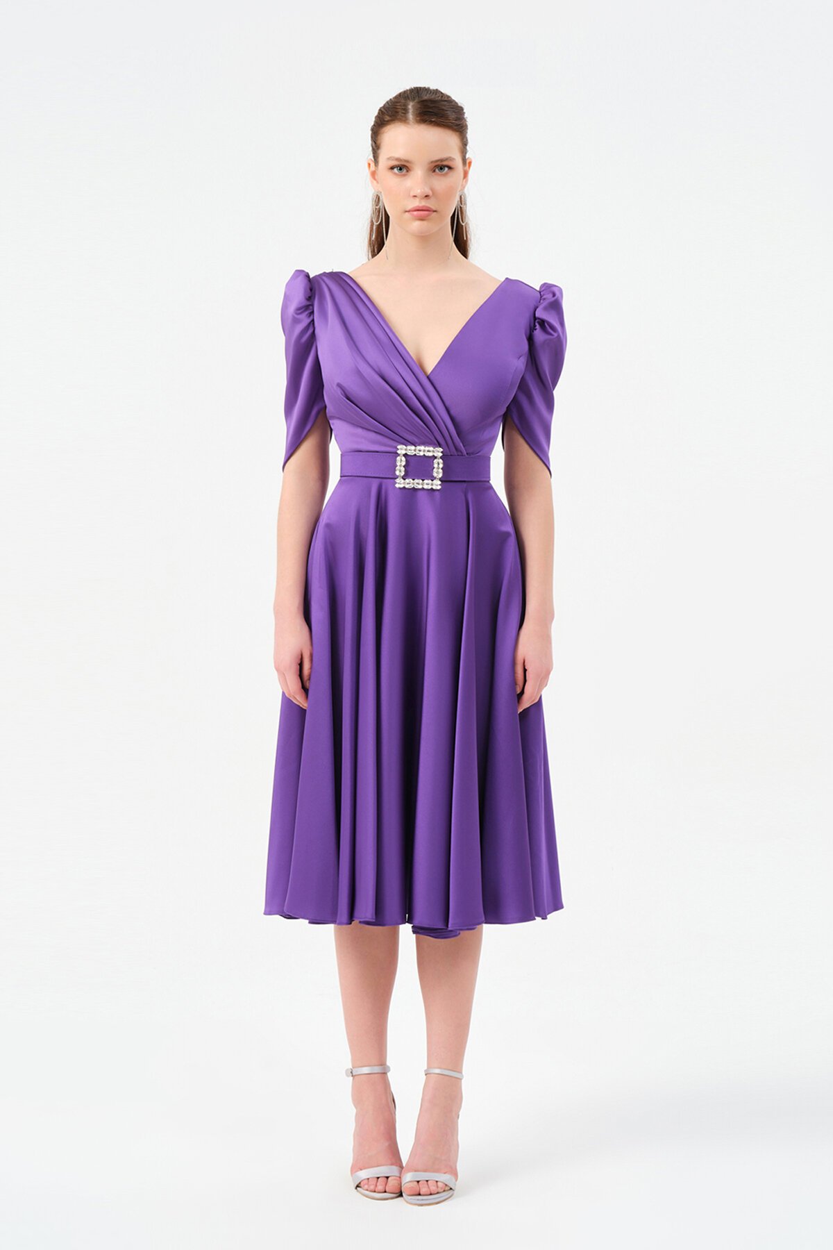 Kol Detaylı Kruvaze Yaka Midi Elbise - 1520