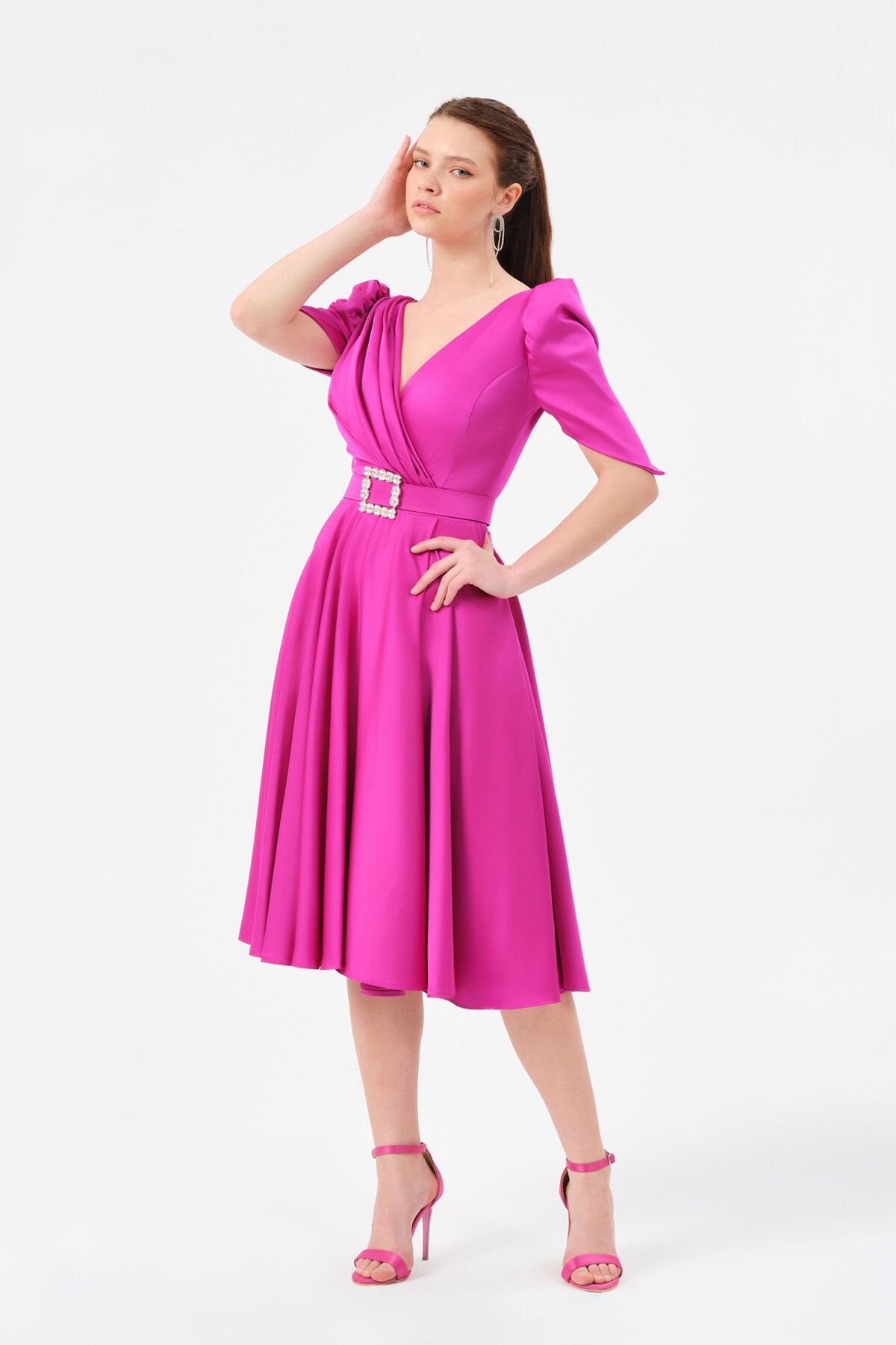 Kol Detaylı Kruvaze Yaka Midi Elbise - 1520