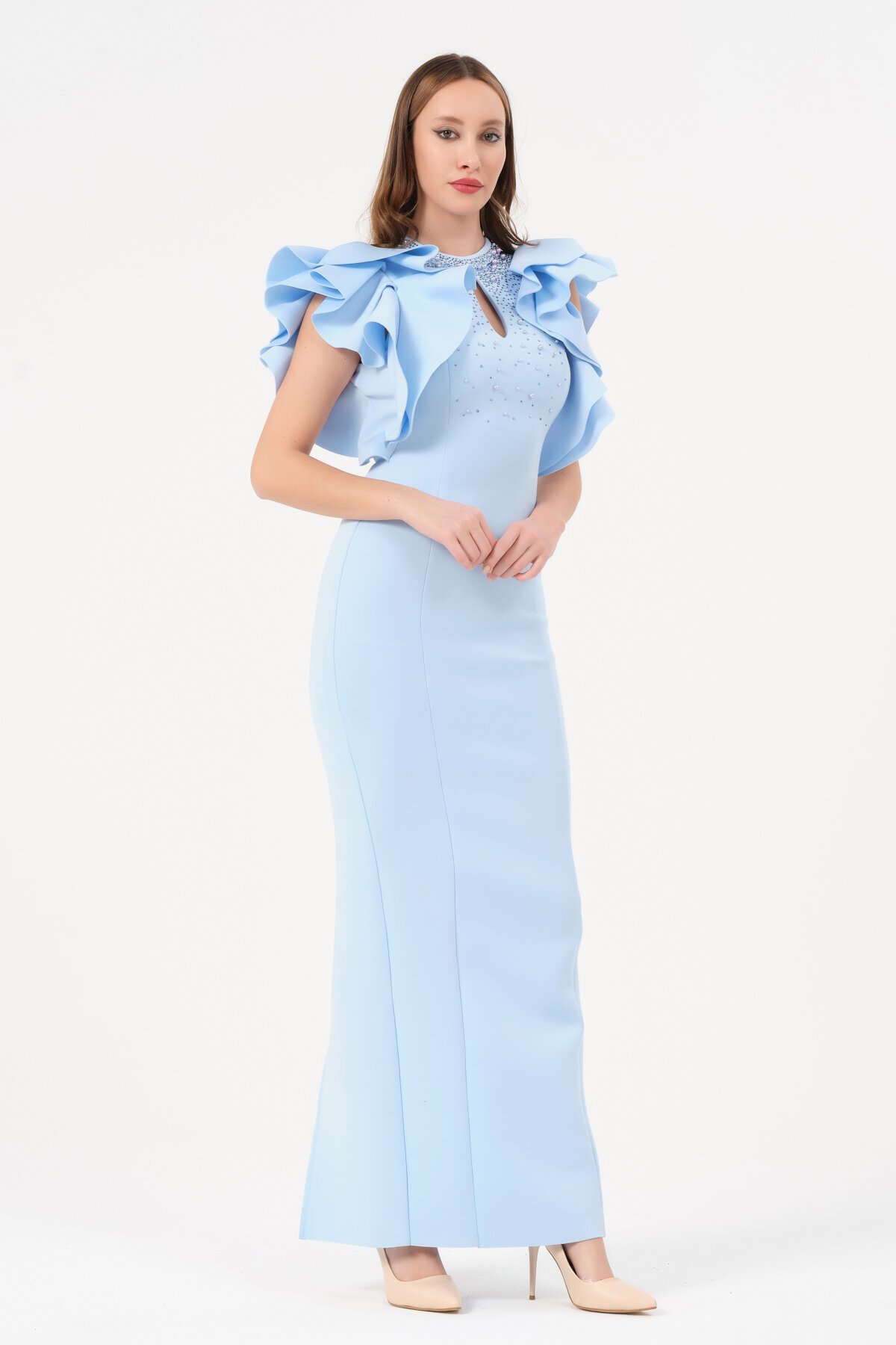 Kolu Fırfırlı Taş İşlemeli Elbise - 1433