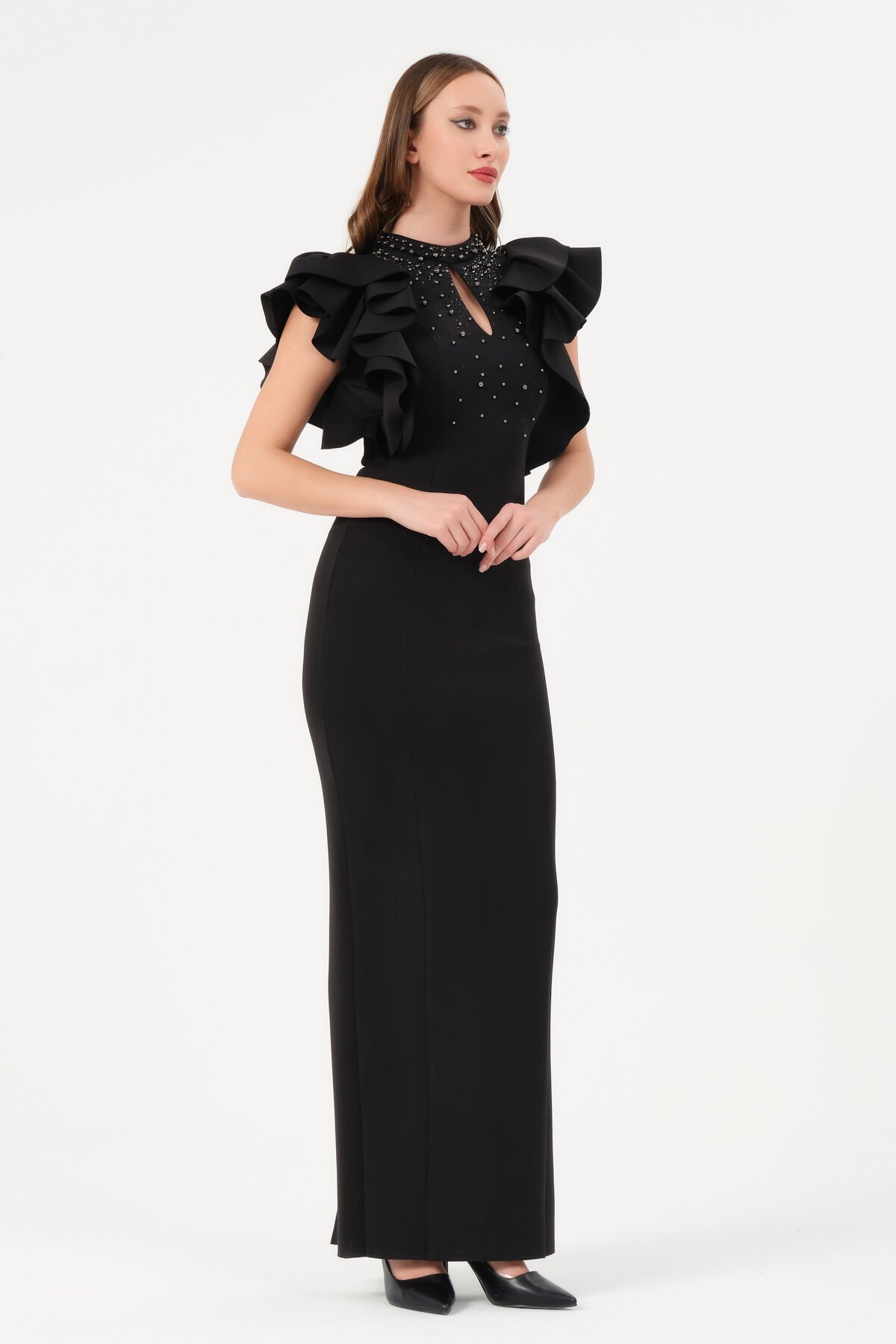 Kolu Fırfırlı Taş İşlemeli Elbise - 1433