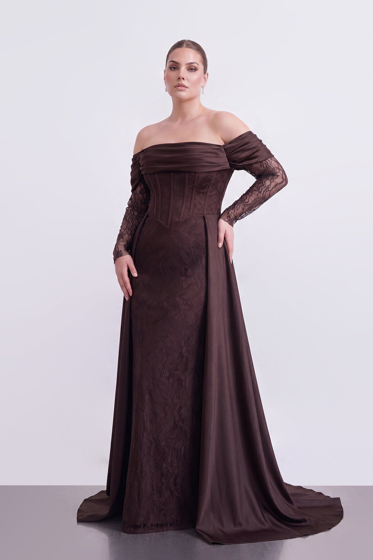 Korse Detaylı Dantel Uzun Elbise - 2205