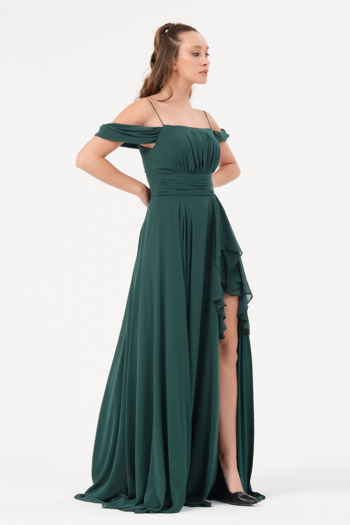 Omzu Düşük Yırtmaçlı Elbise - 1380