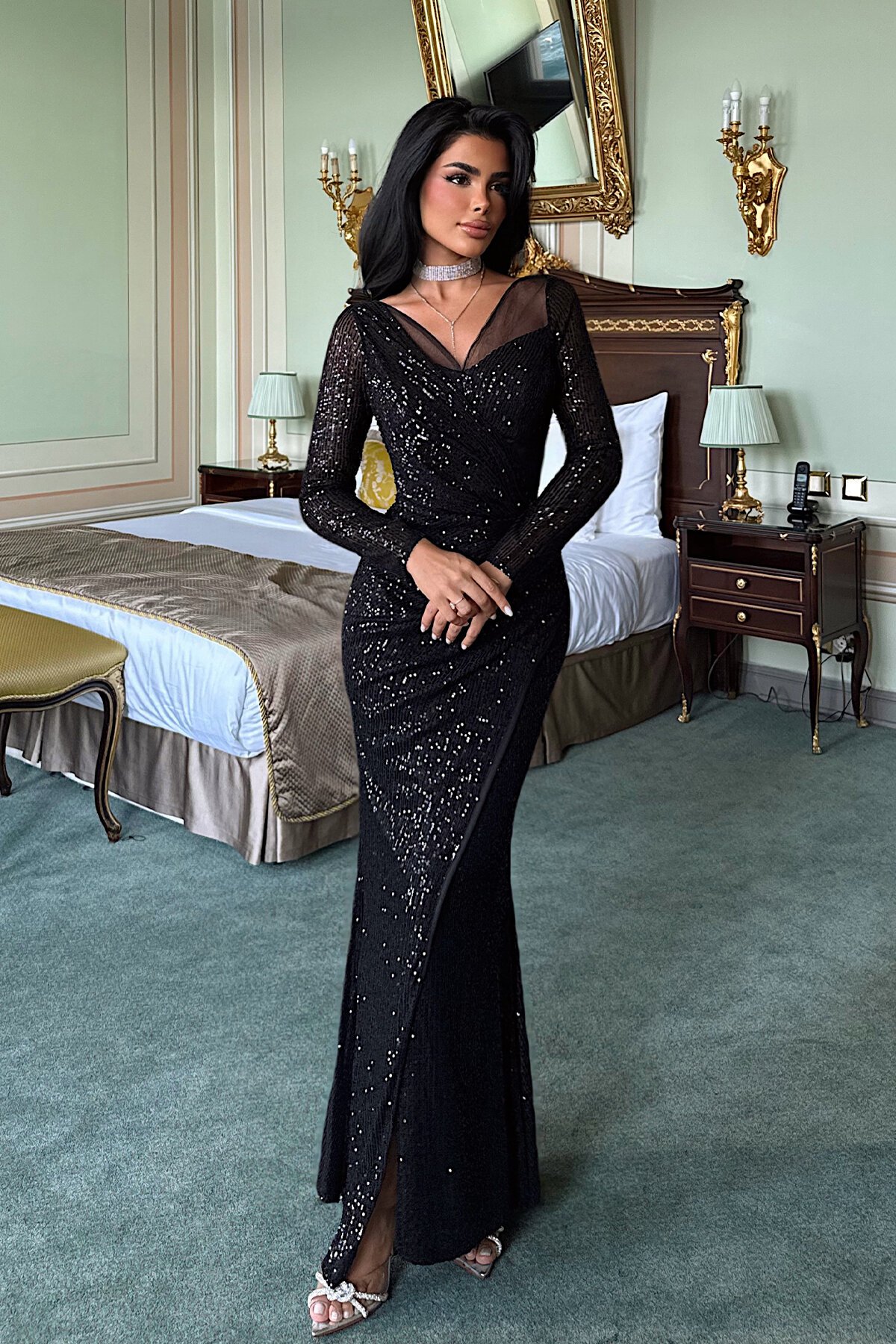 Payetli Asimetrik Elbise - 1563