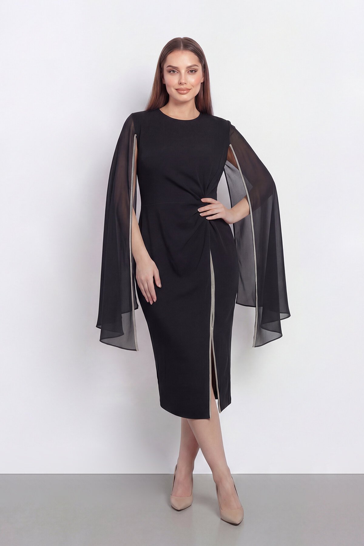 Pelerin Detaylı Drapeli Şık Midi Abiye - 2118