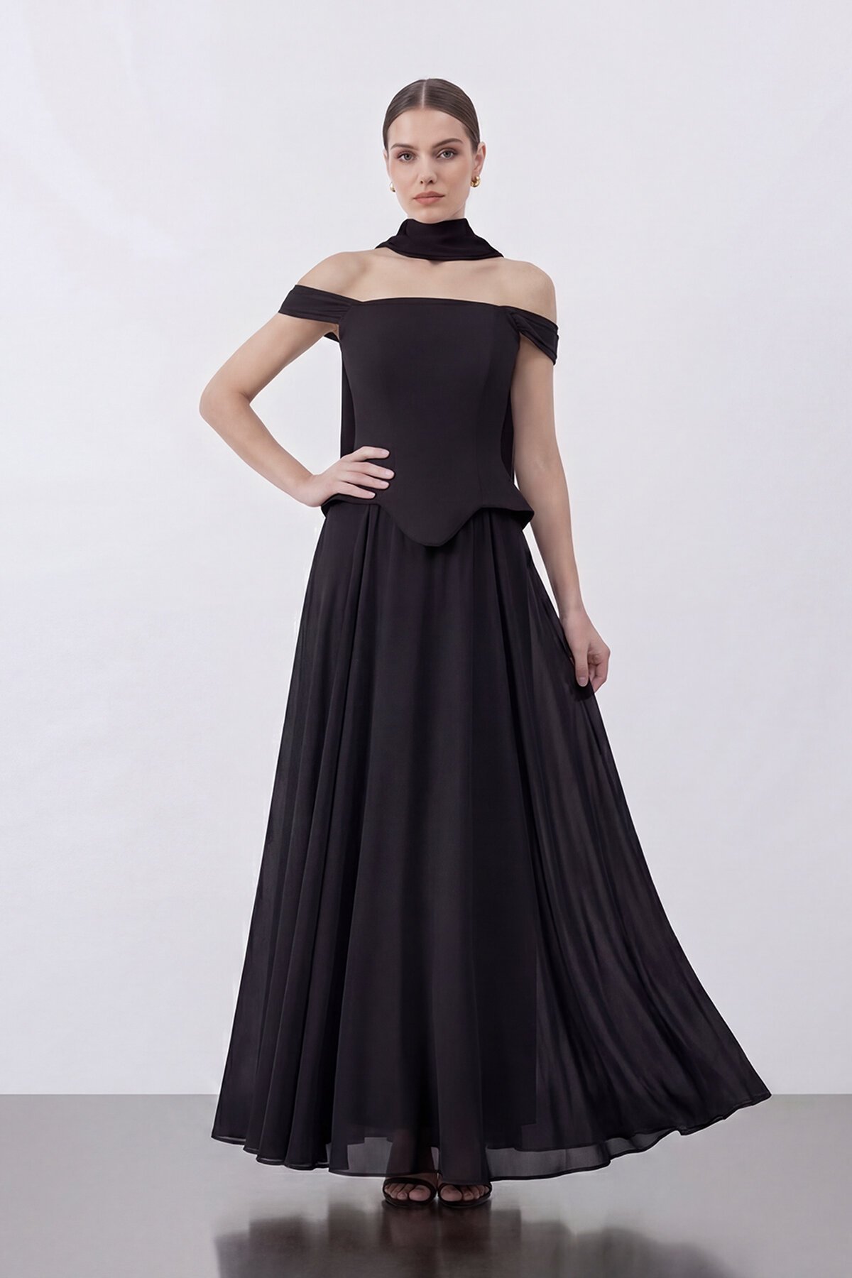 Şal Detaylı Kare Yaka Zarif Uzun Abiye - 2138