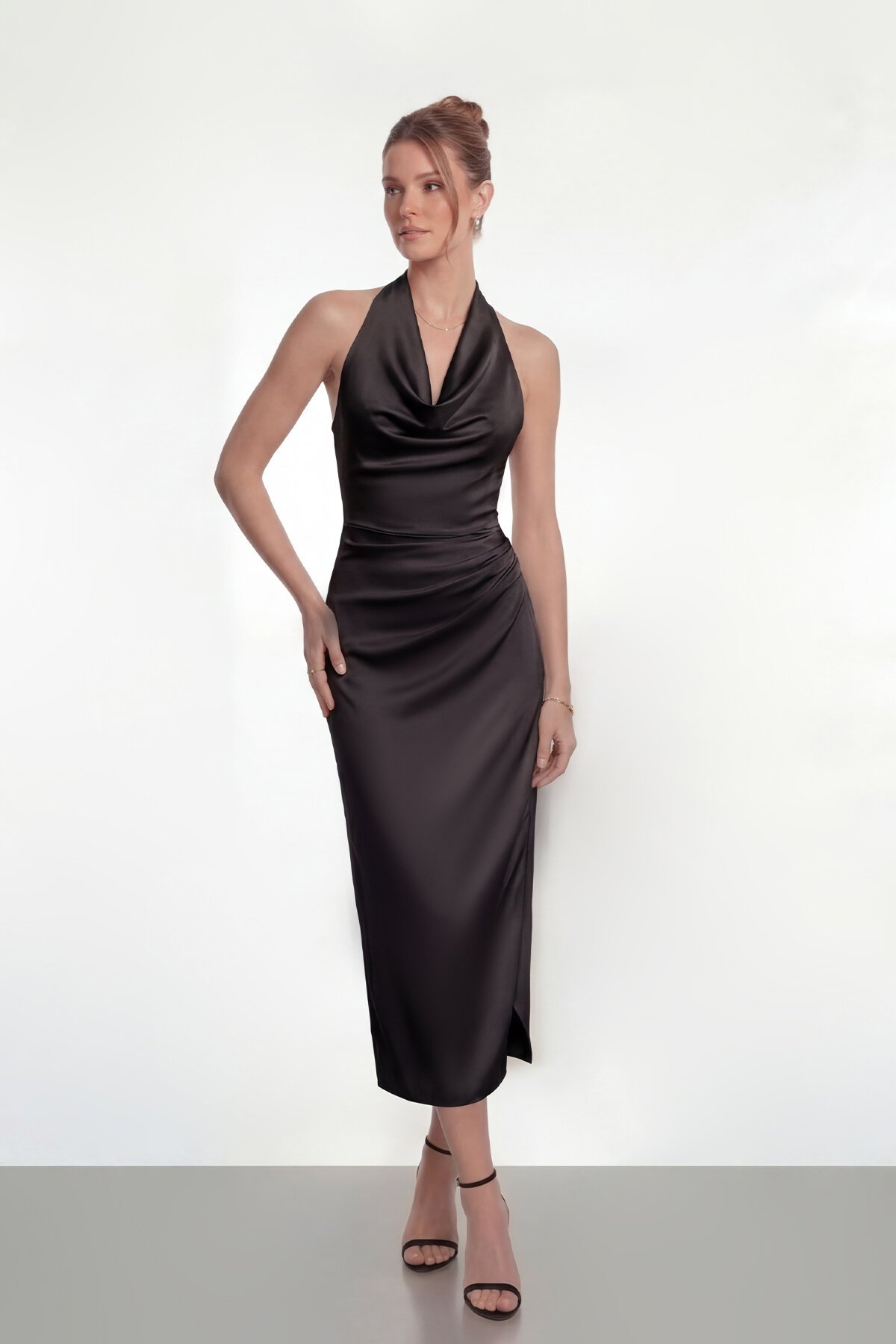 Saten Halter Yaka Drapeli Midi Abiye - 2084