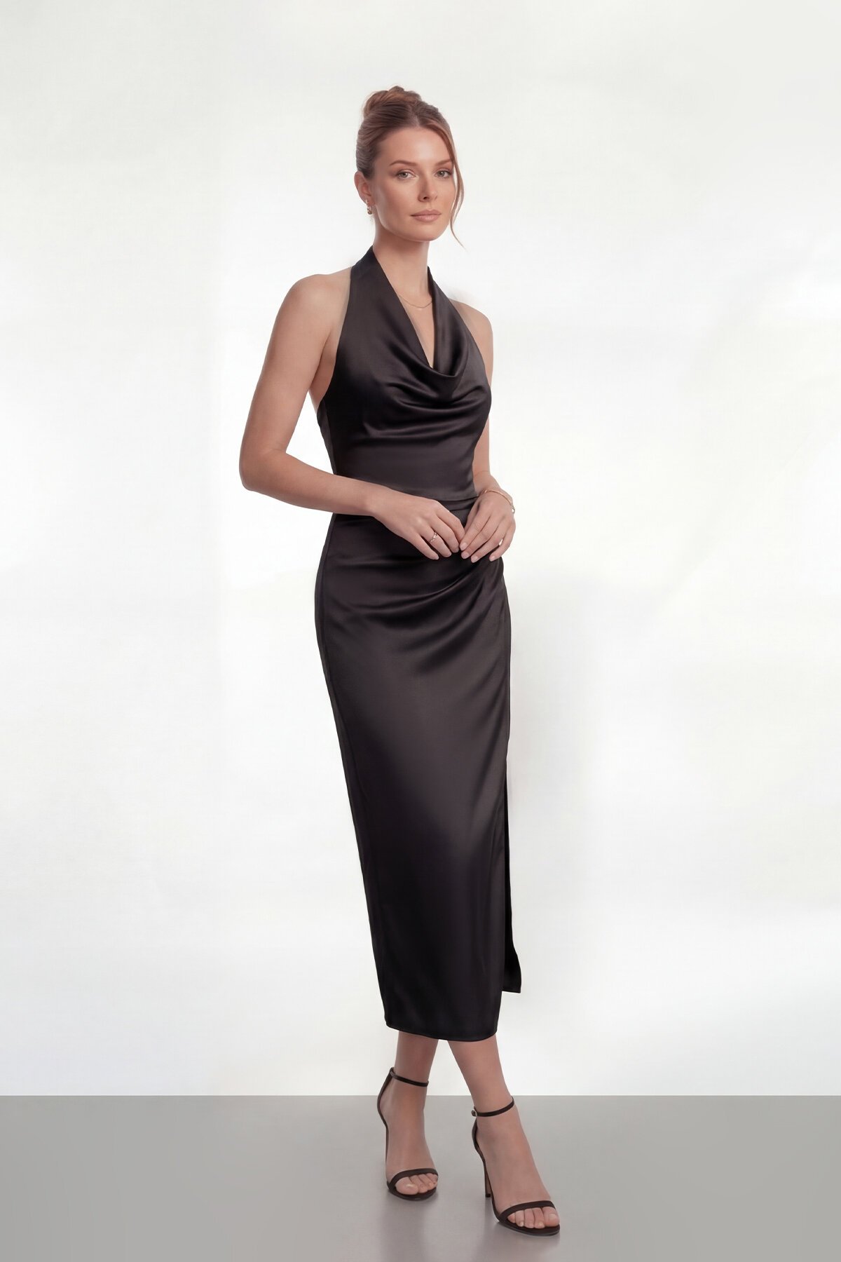 Saten Halter Yaka Drapeli Midi Abiye - 2084